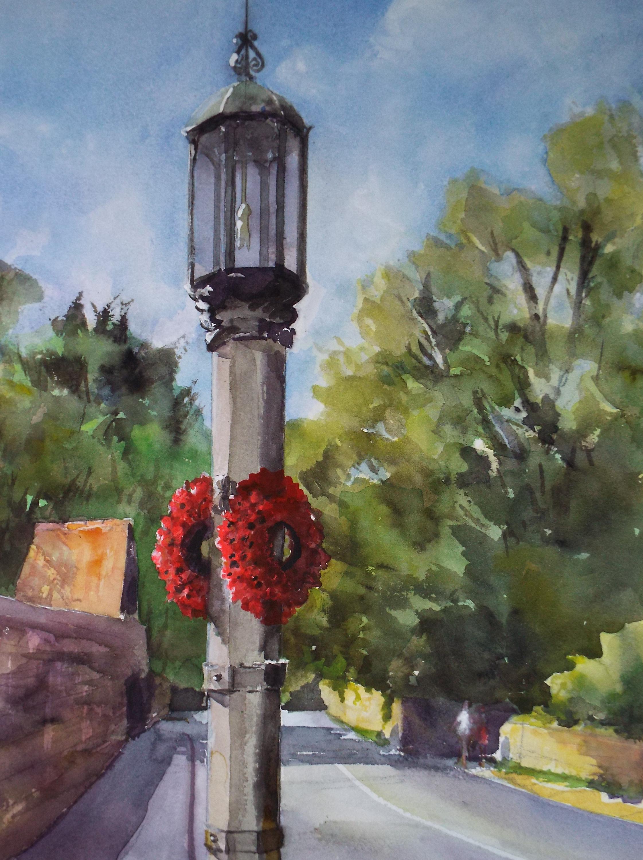 Original Watercolour, 'Memorial Lamp post', June Bevan, c1990's