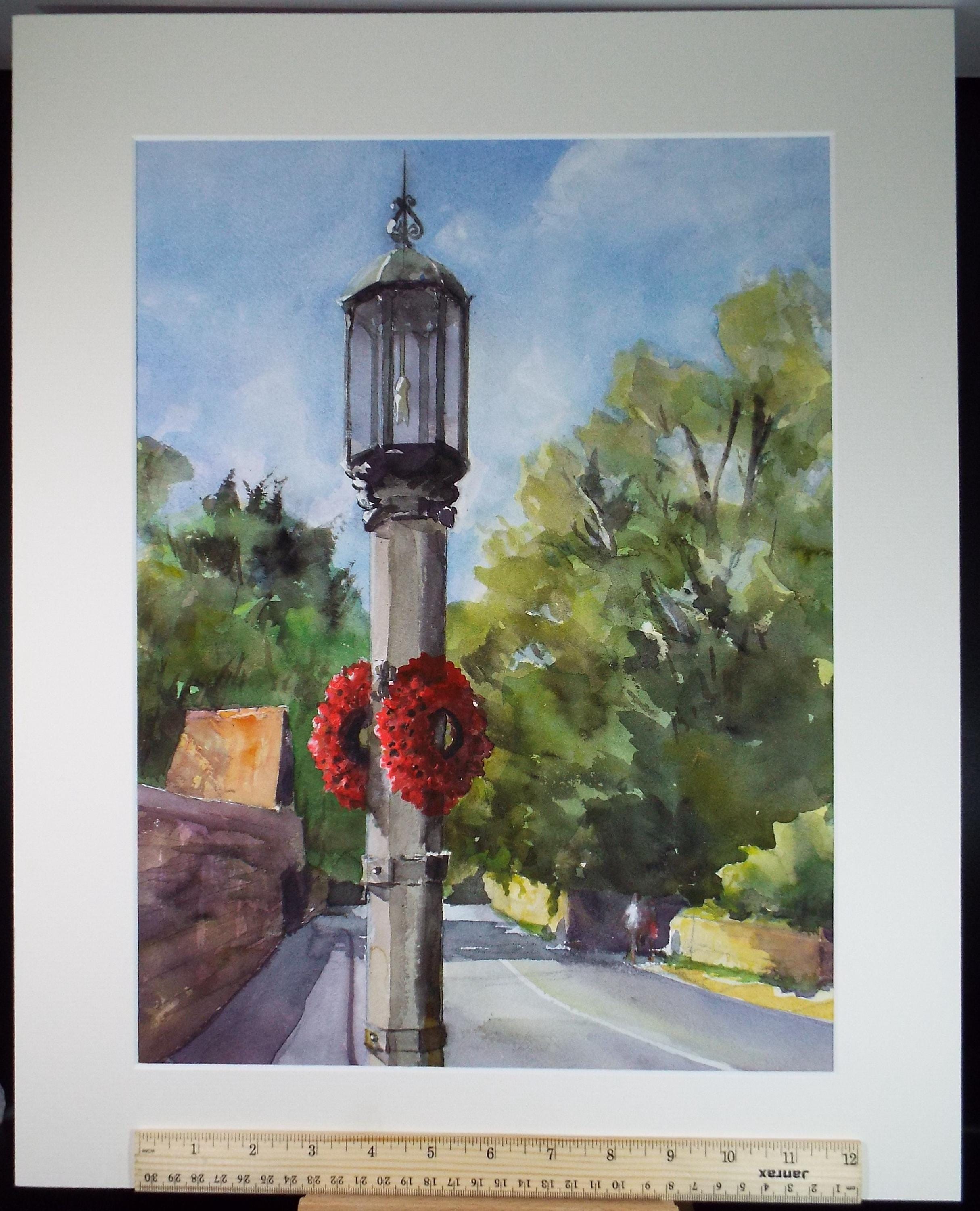 Original Watercolour, 'Memorial Lamp post', June Bevan, c1990's