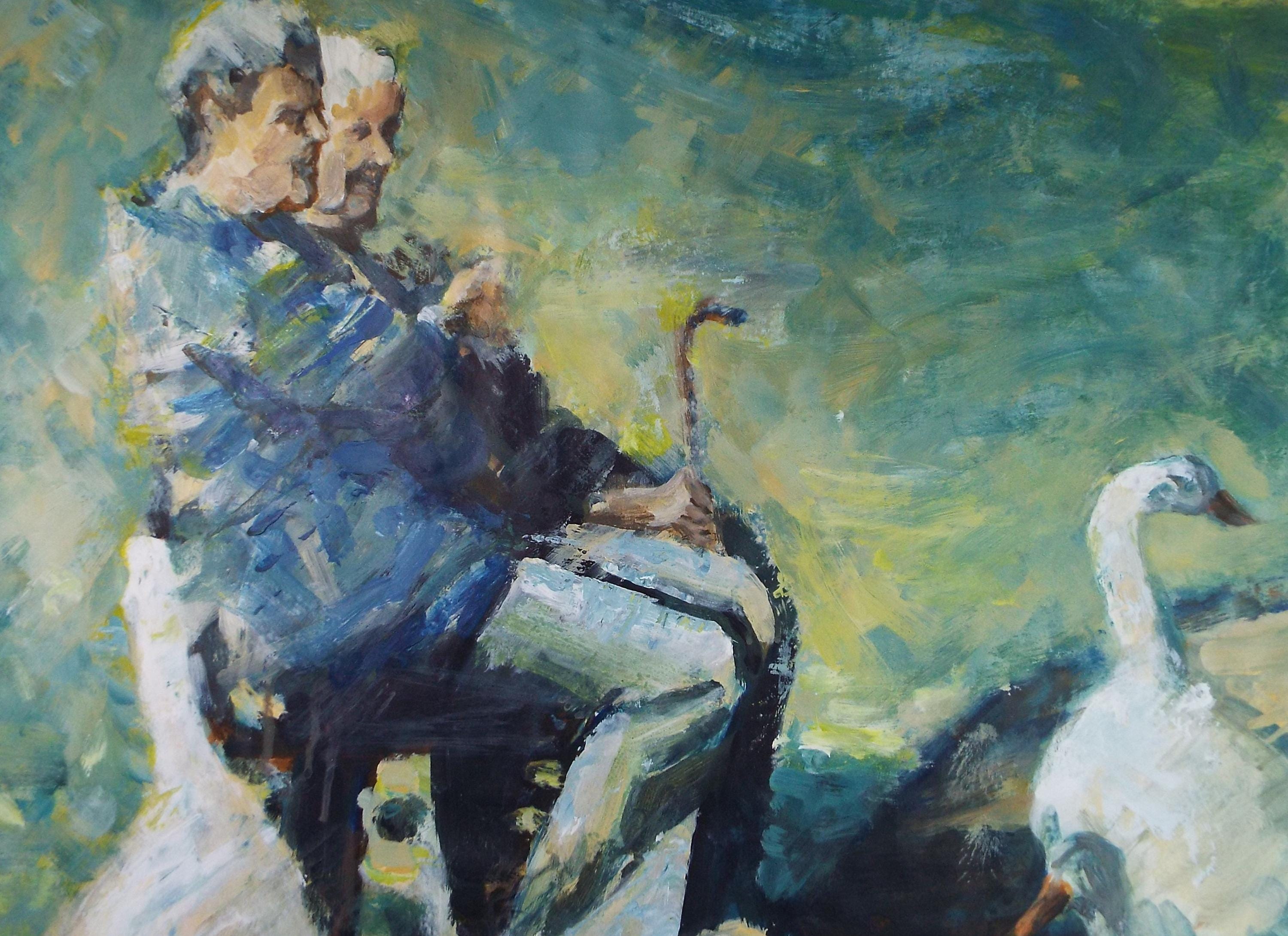 Original Watercolour, 'Two Figures with Geese', June Bevan, c1990's