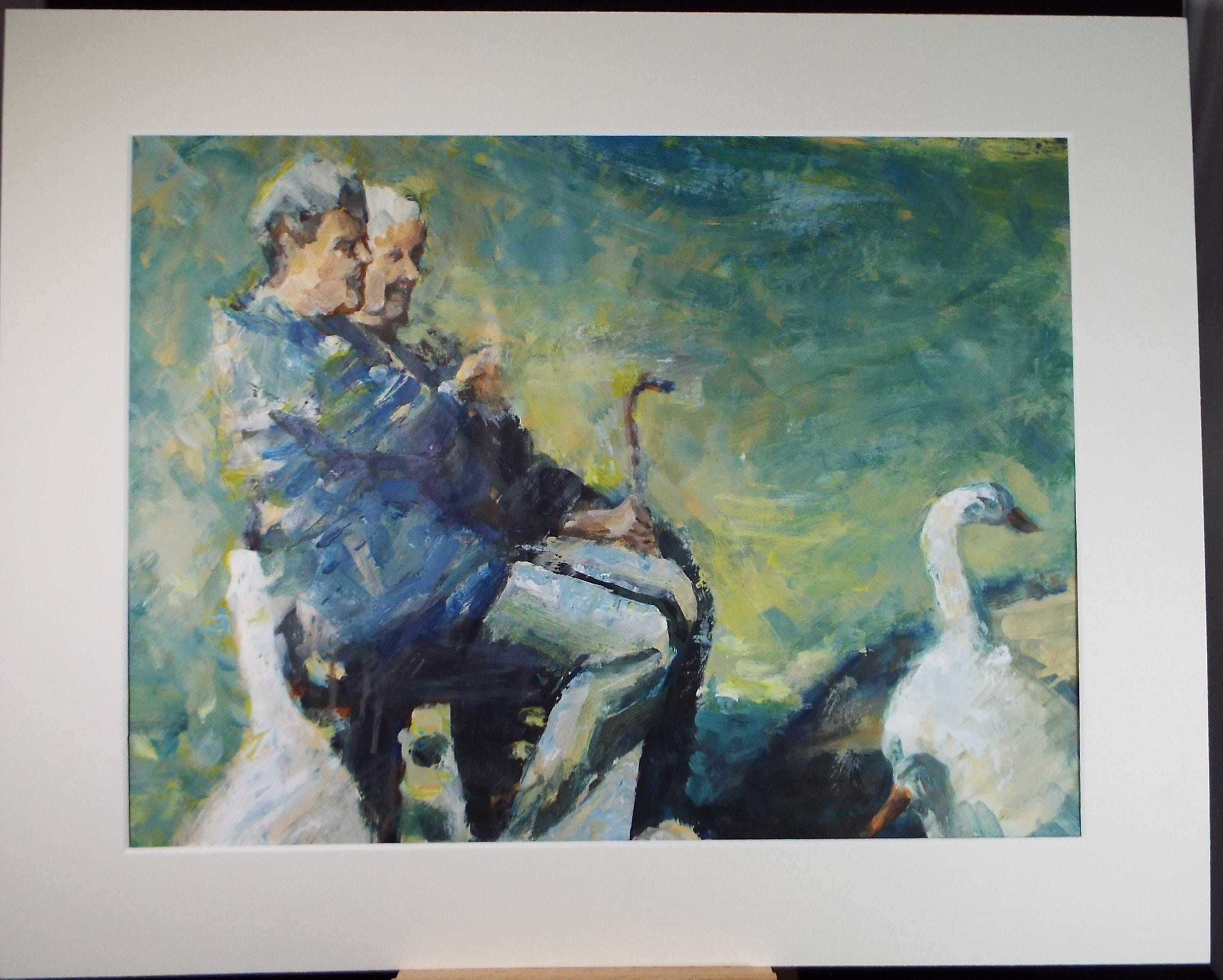 Original Watercolour, 'Two Figures with Geese', June Bevan, c1990's