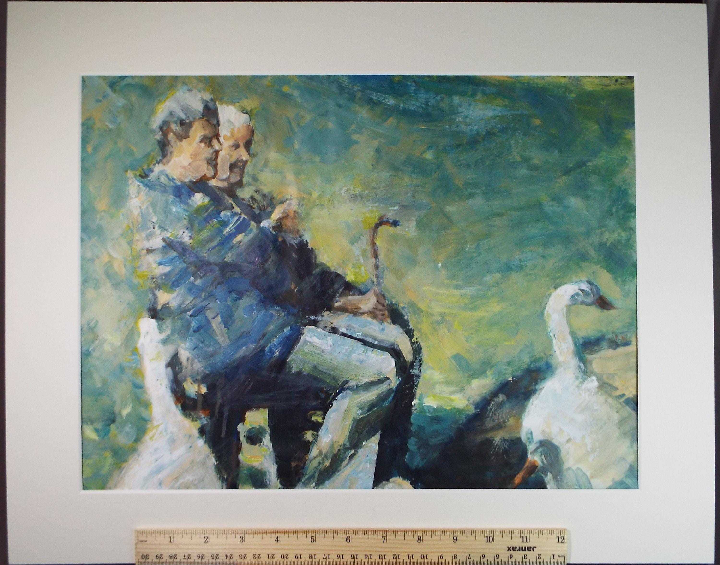 Original Watercolour, 'Two Figures with Geese', June Bevan, c1990's