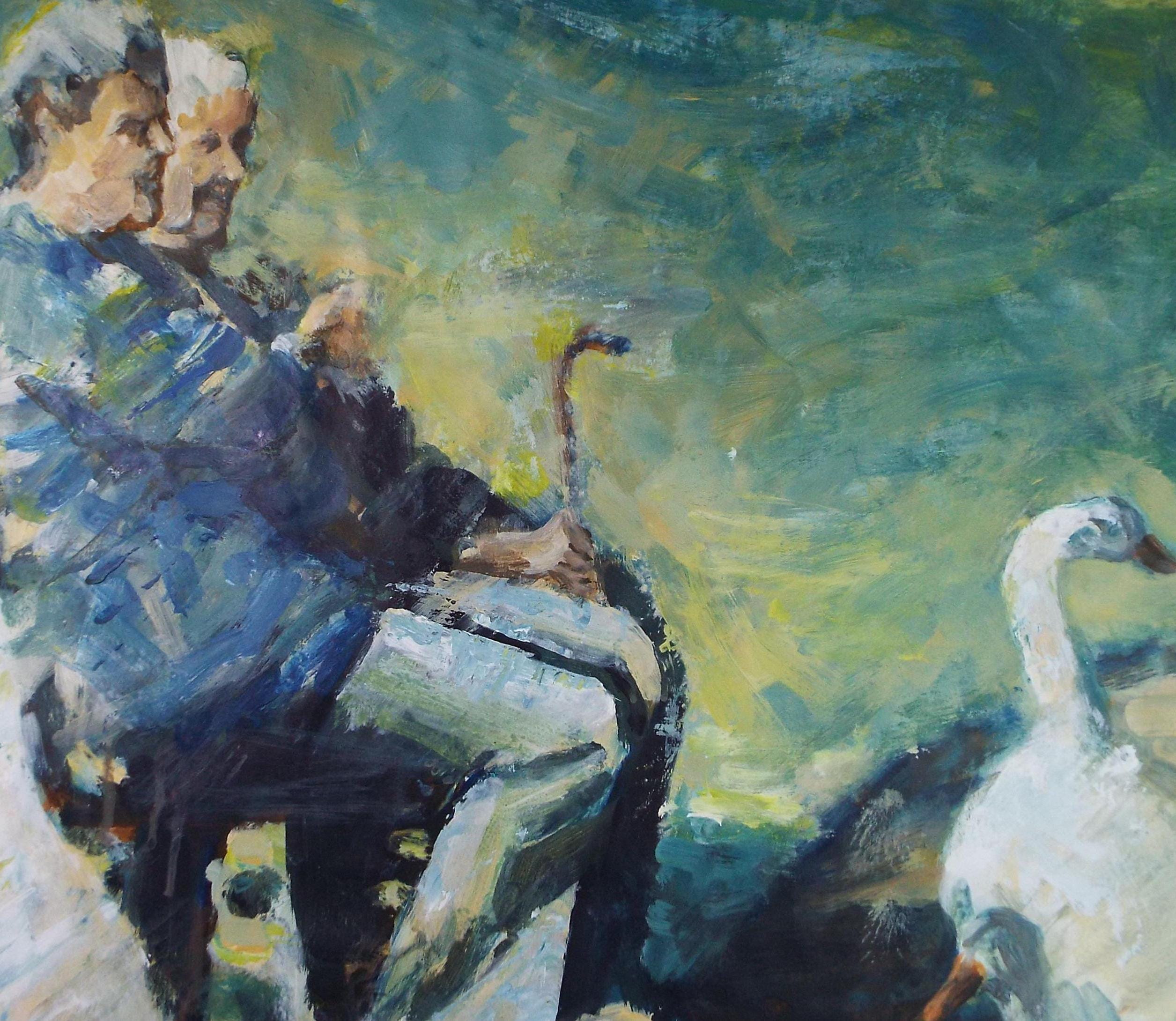 Original Watercolour, 'Two Figures with Geese', June Bevan, c1990's