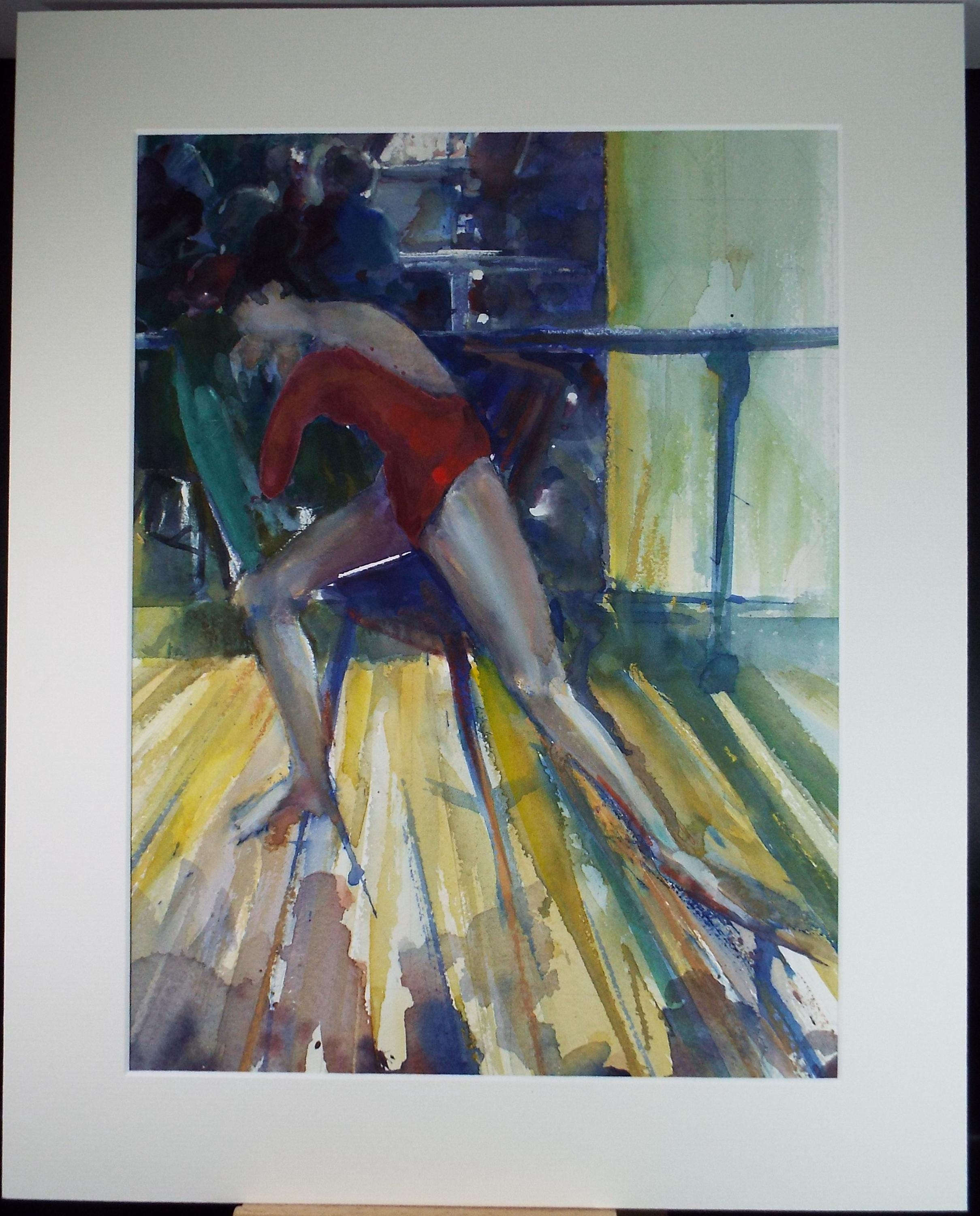 Original Watercolour, 'Lisa mirrored, stretching, June Bevan, c1990's