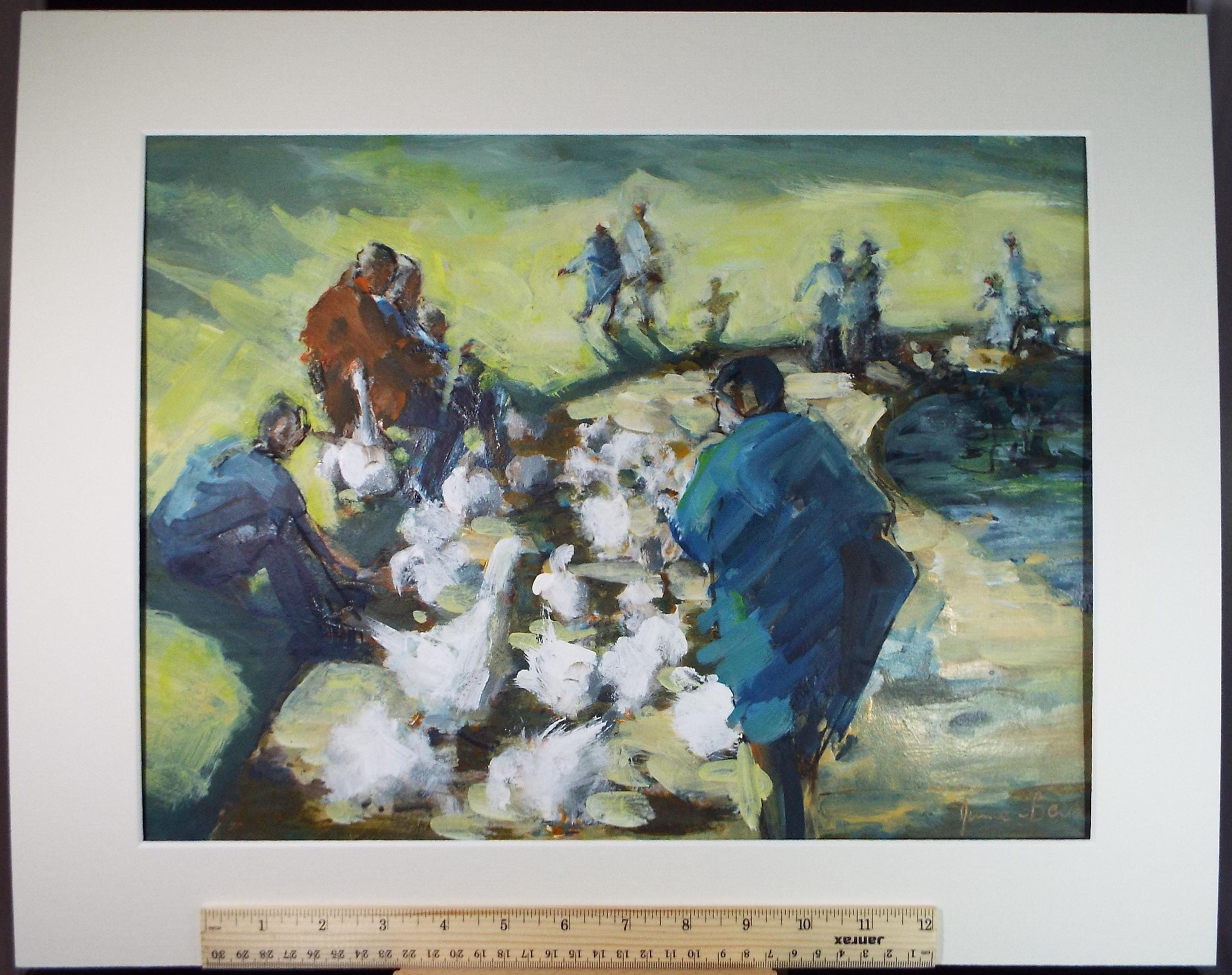 Original Watercolour, 'Feeding the Geese', June Bevan, c1990's