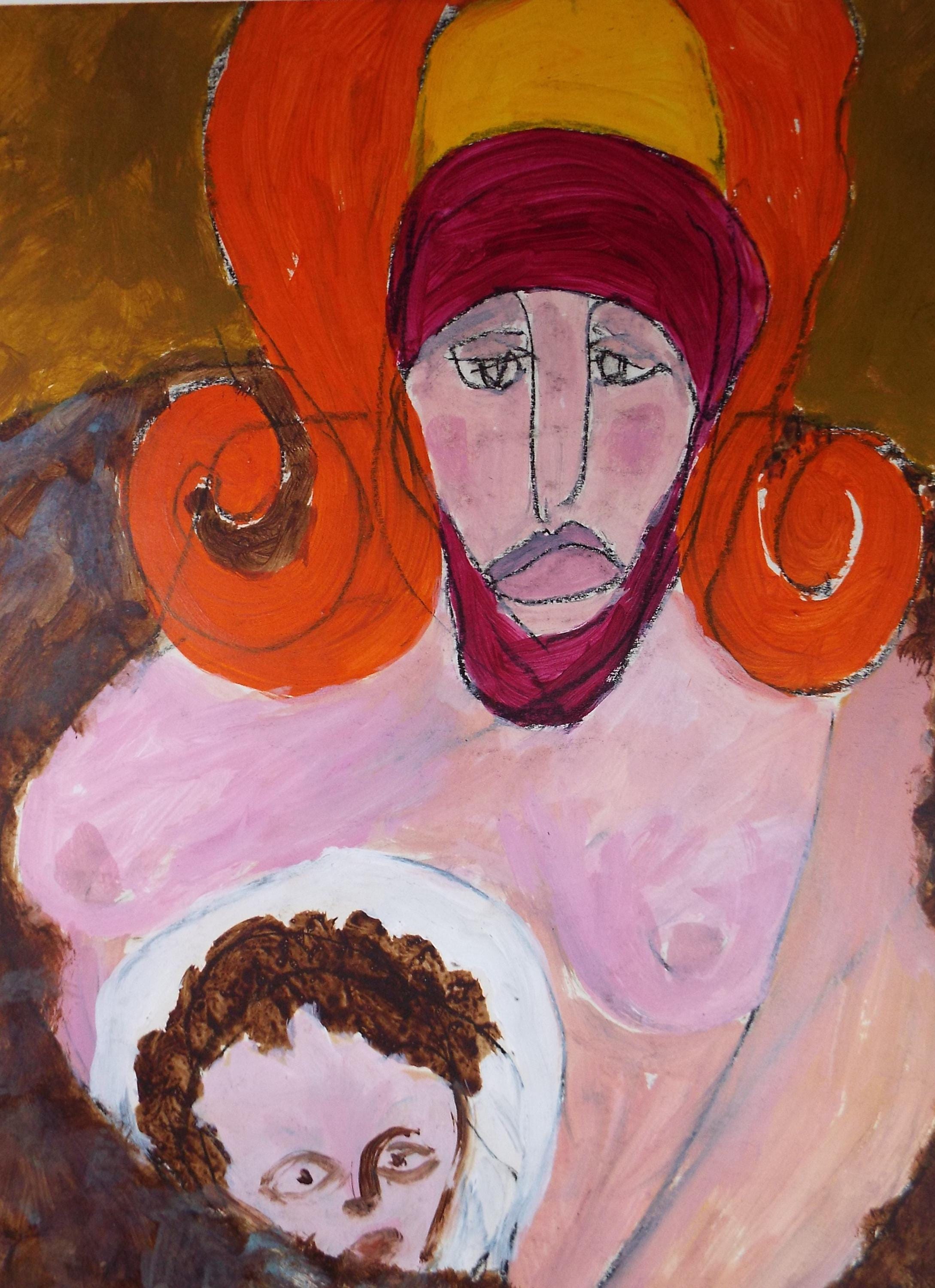 Original Watercolour and Gouache,'Woman with Child, Circa 1990's, Barbara Karn (b1949)