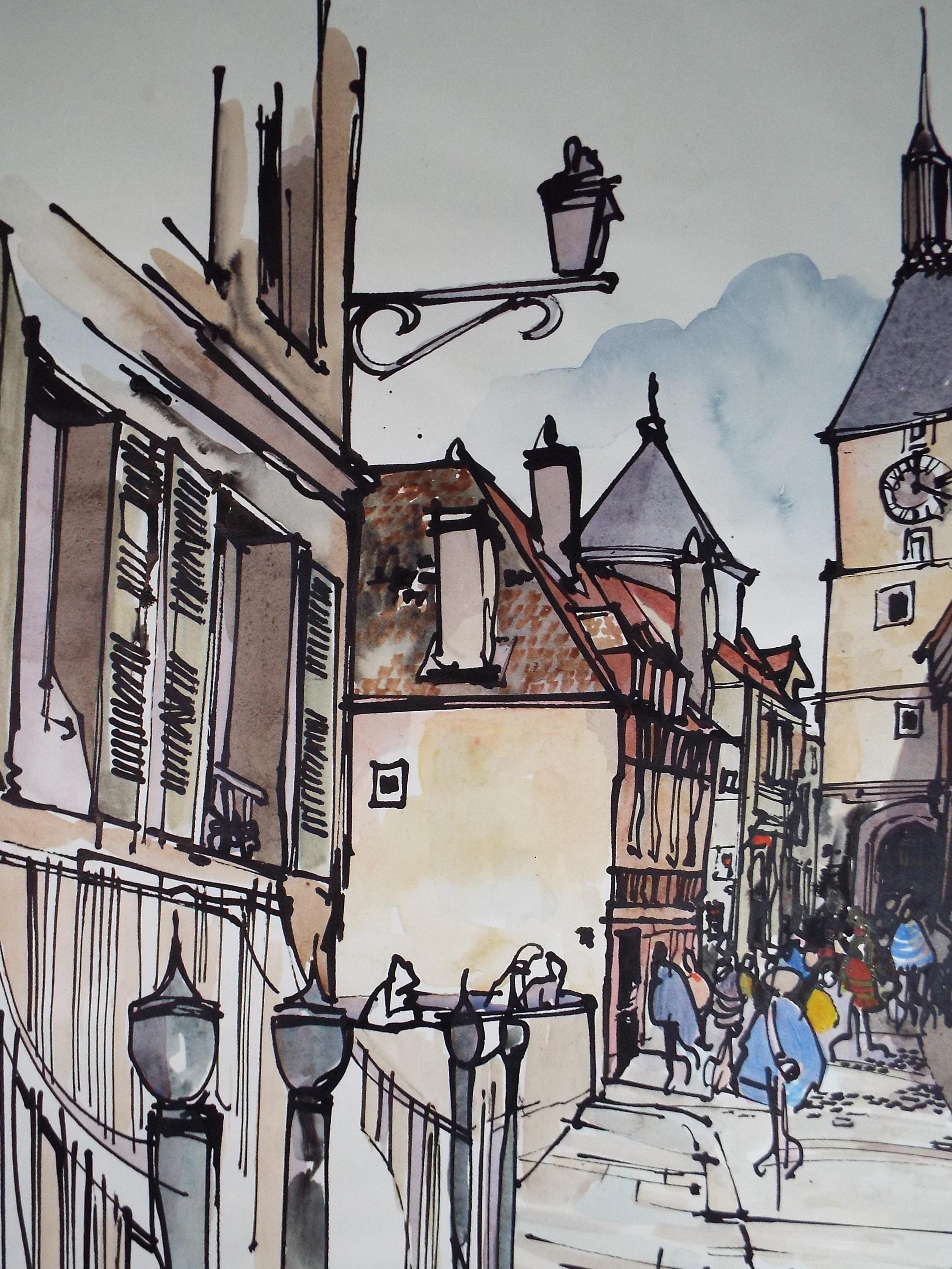 Original Watercolour drawing, 'Continental Street with Figures', John Hambleton Holdcroft (1926-2014), Circa 1970's
