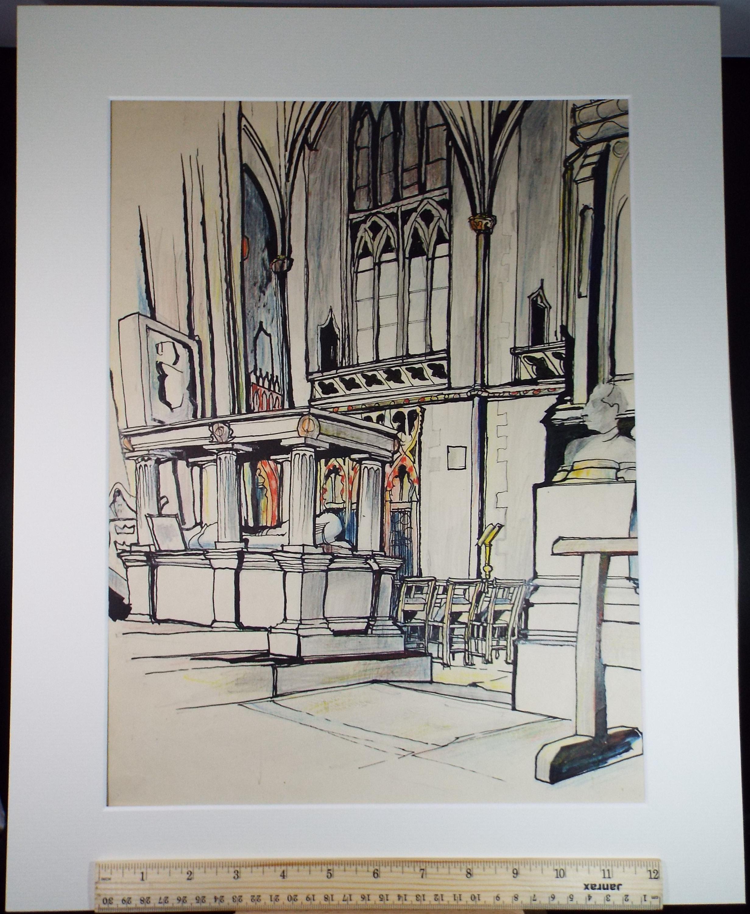 Original Pencil & Ink drawing, 'Inside Bristol Cathedral, John Hambleton Holdcroft (1926-2014), Circa 1960's
