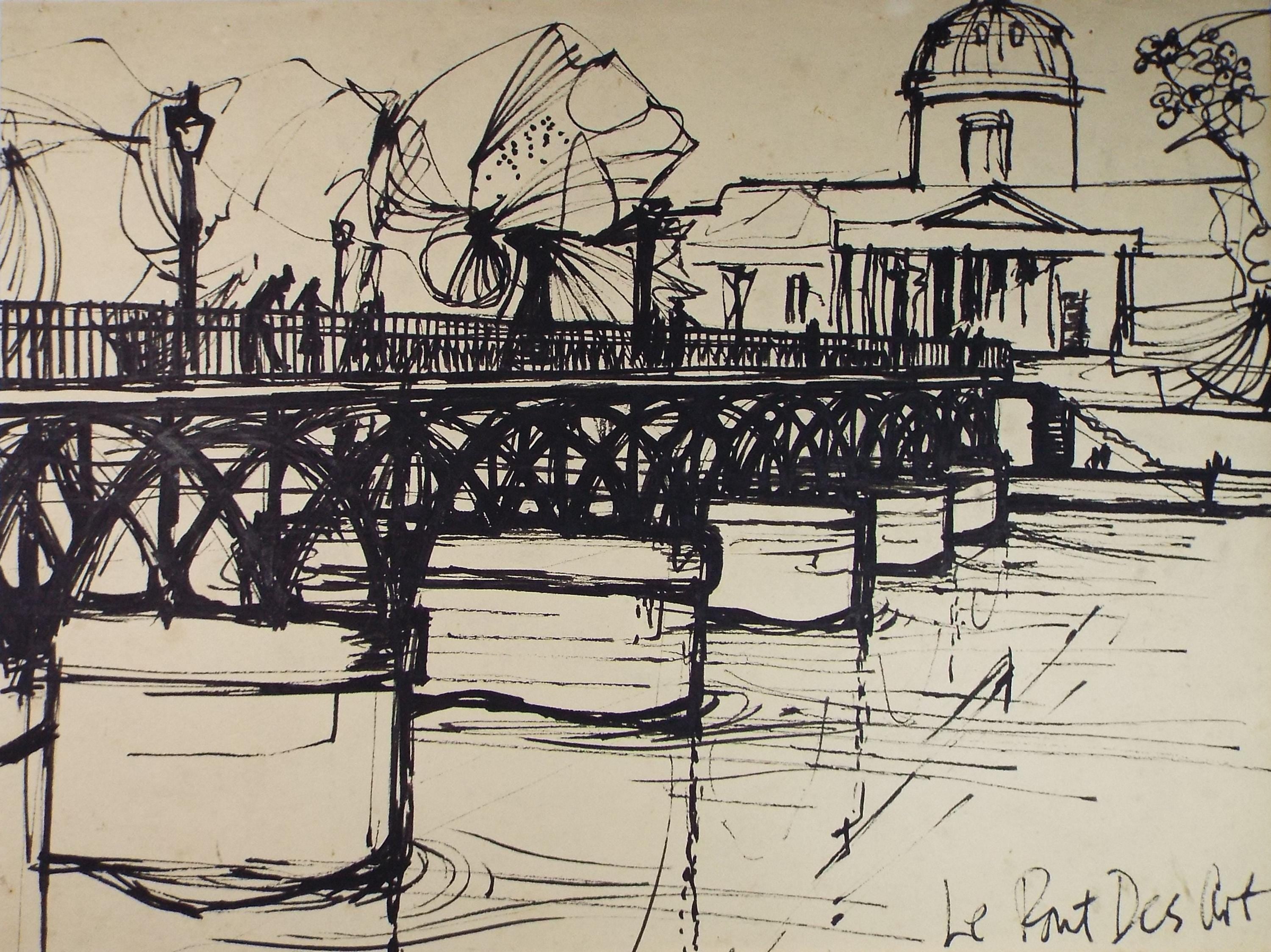 Original Ink drawing , 'Les Pont Des Art', John Hambleton Holdcroft (1926-2014), Dated 1952