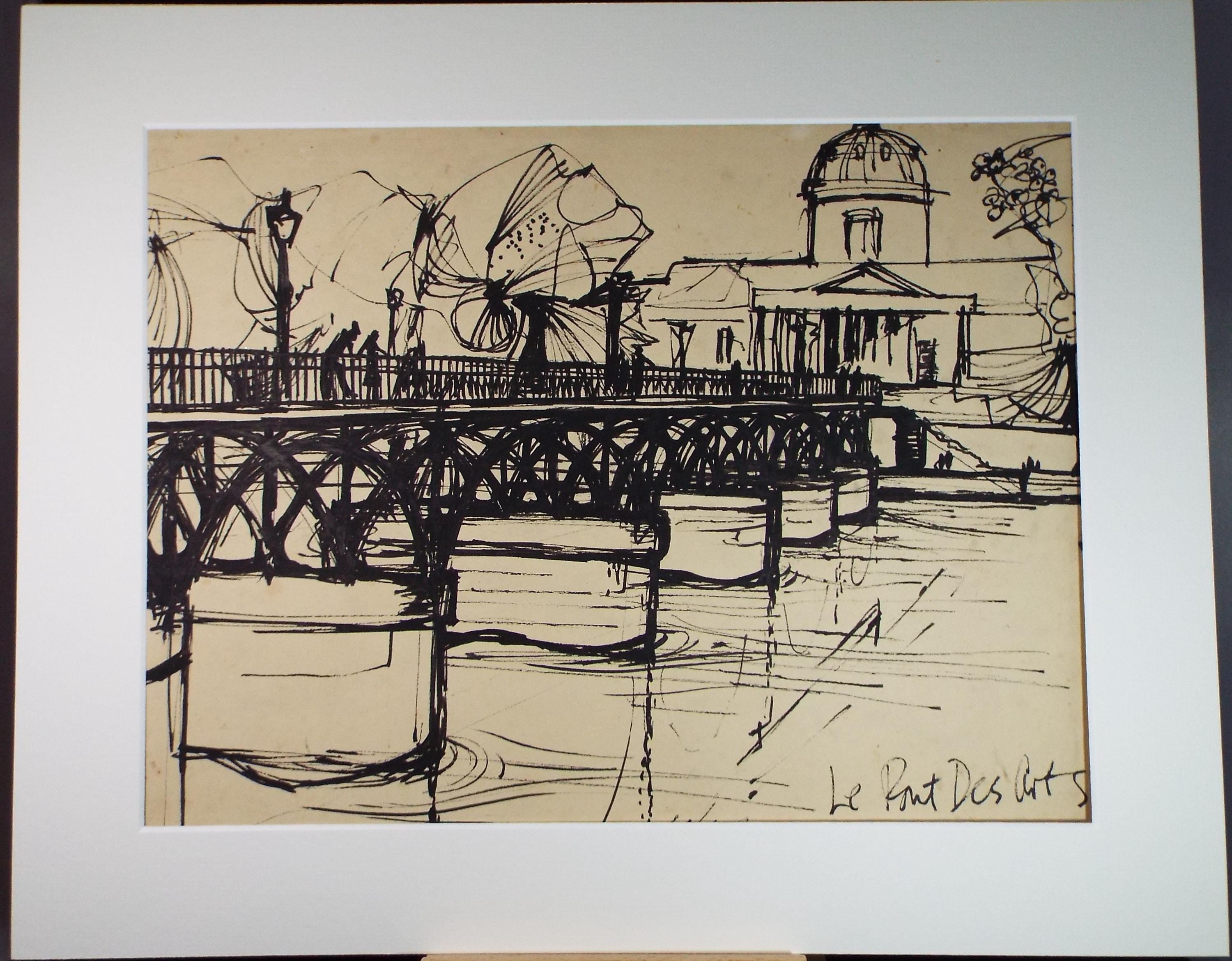 Original Ink drawing , 'Les Pont Des Art', John Hambleton Holdcroft (1926-2014), Dated 1952