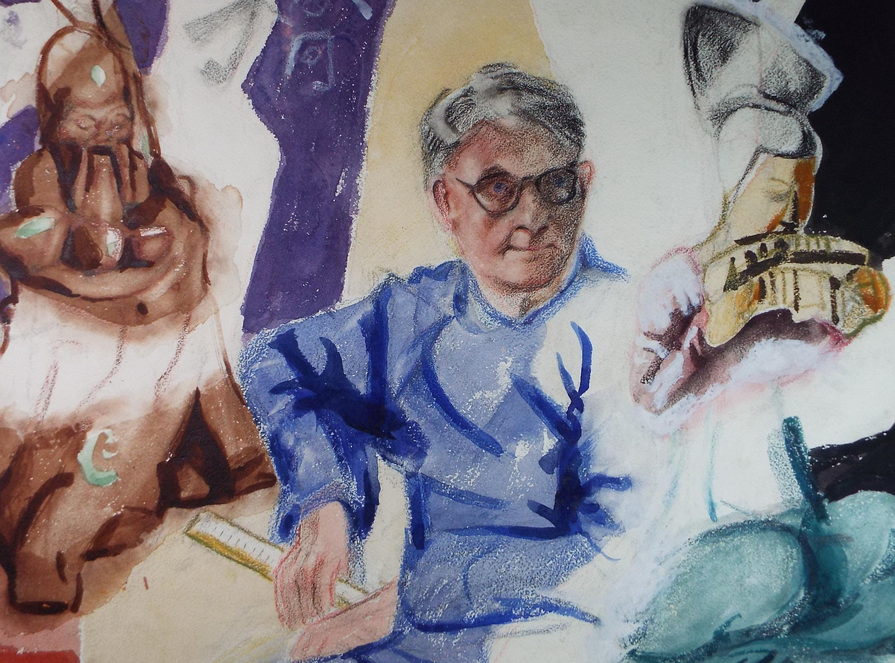Original Watercolour & Pastel, 'Seated Man with Oriental Figures', James Wood (1889-1975), Circa 1950's