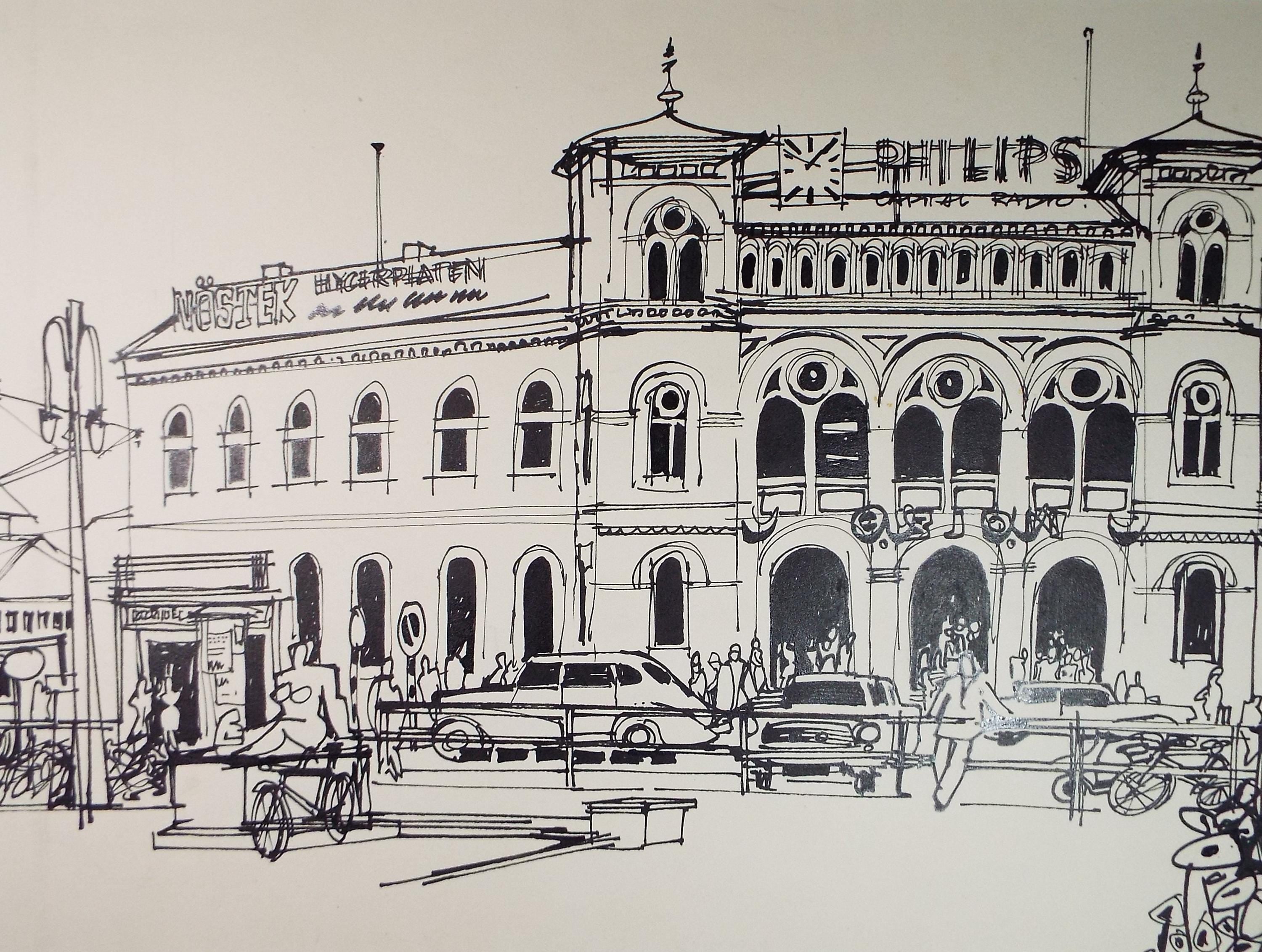 Original Ink drawing , 'Oslo Train Station', John Hambleton Holdcroft (1926-2014) 1960
