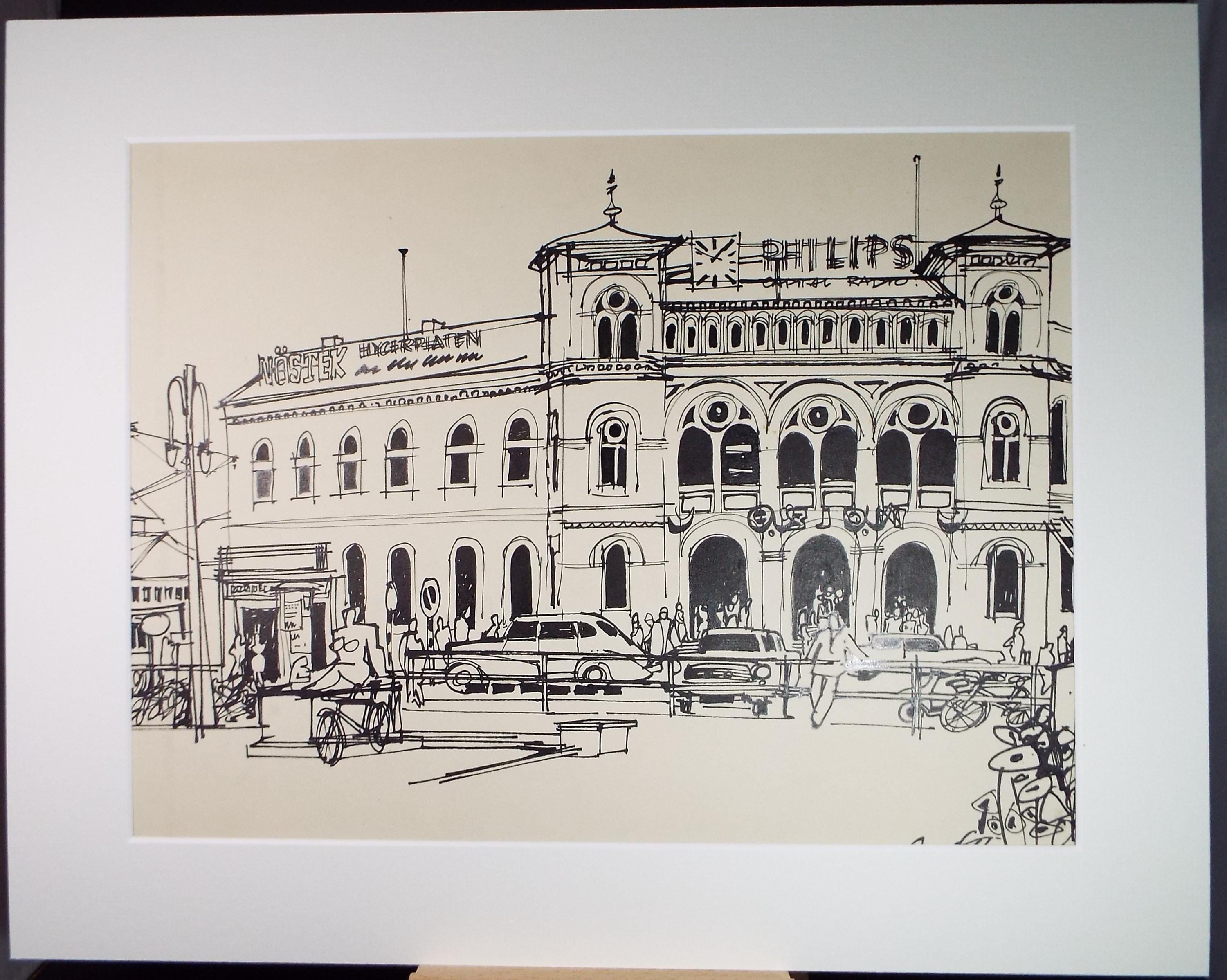 Original Ink drawing , 'Oslo Train Station', John Hambleton Holdcroft (1926-2014) 1960