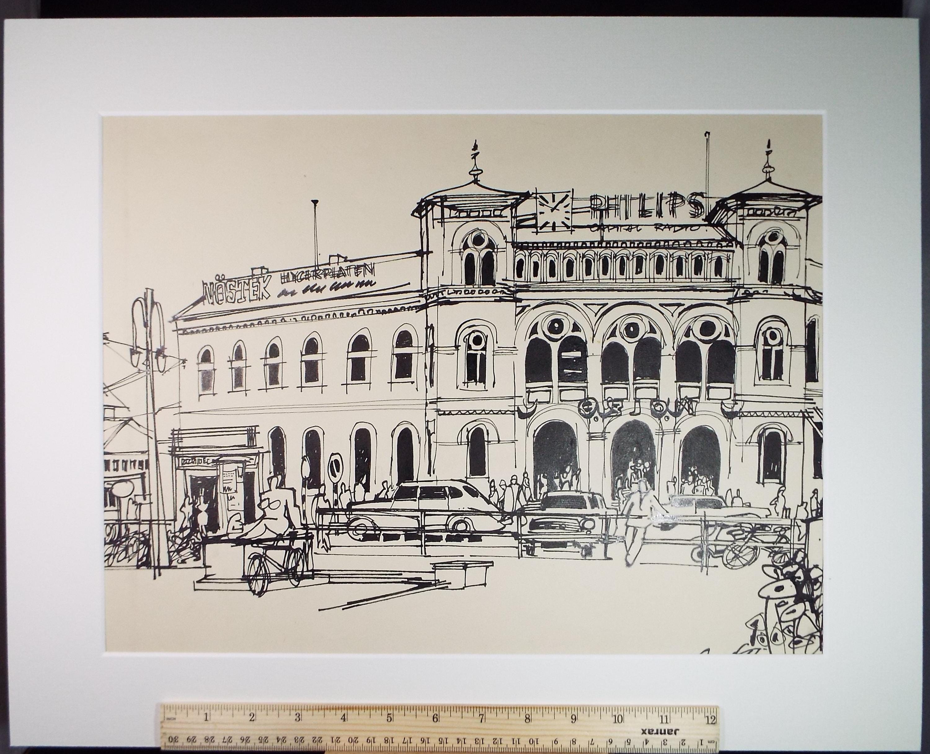 Original Ink drawing , 'Oslo Train Station', John Hambleton Holdcroft (1926-2014) 1960