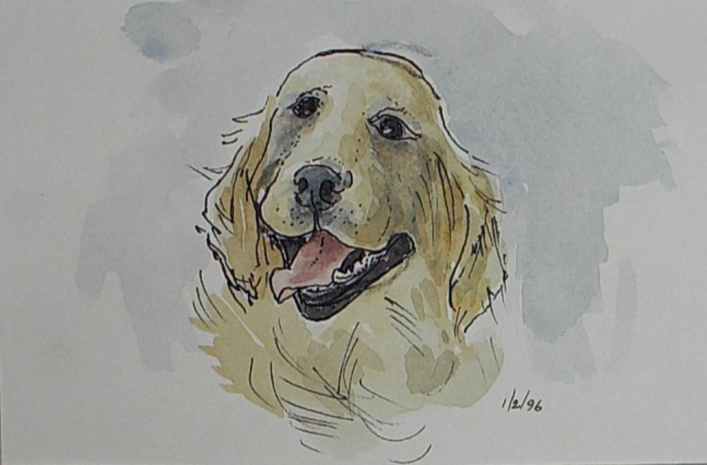 Original watercolour, 'Portrait of a Retriever', Artist Unknown, Dated 1996.