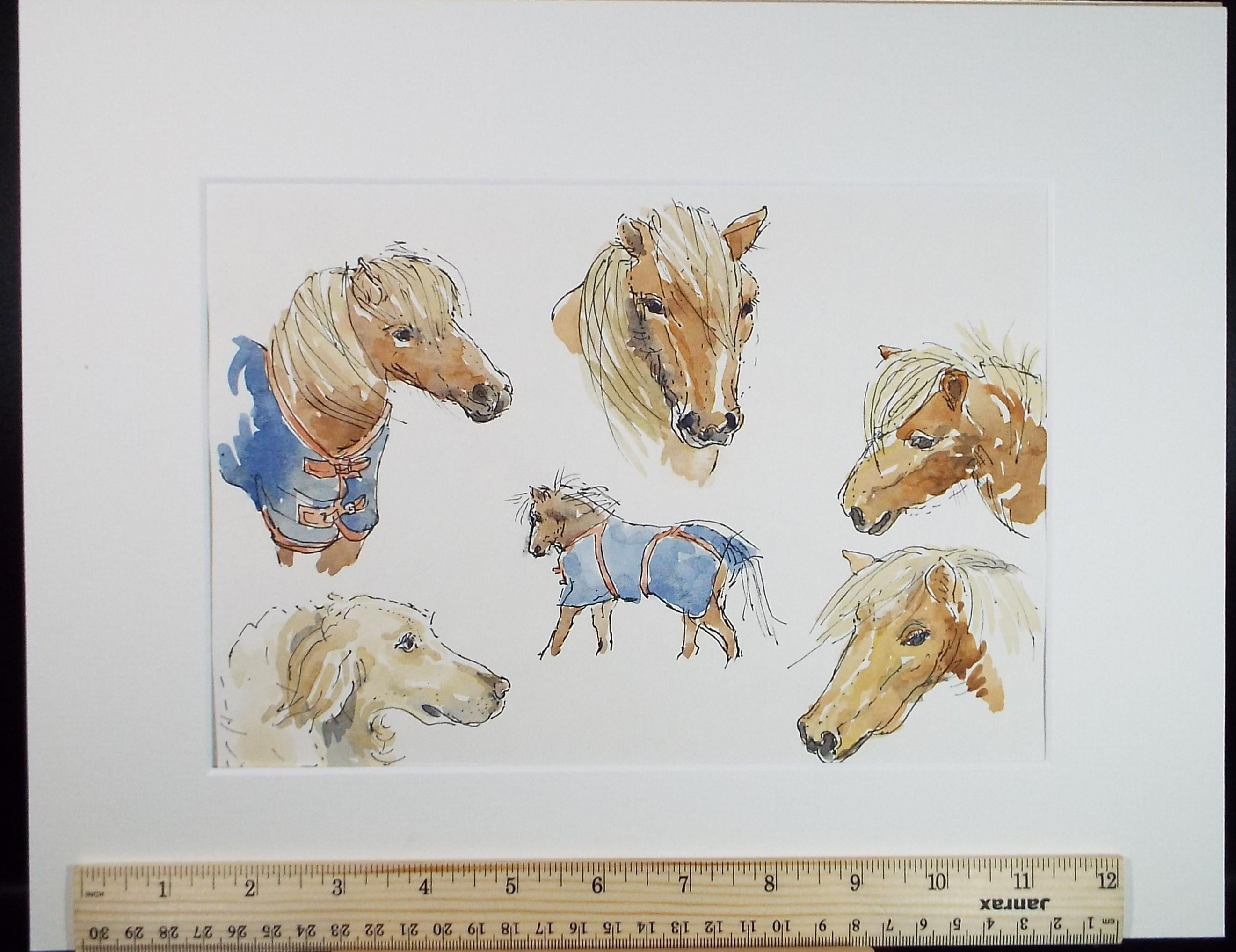 Original Watercolour, 'Study of Ponies and Retriever', artist Unknown, circa 1996