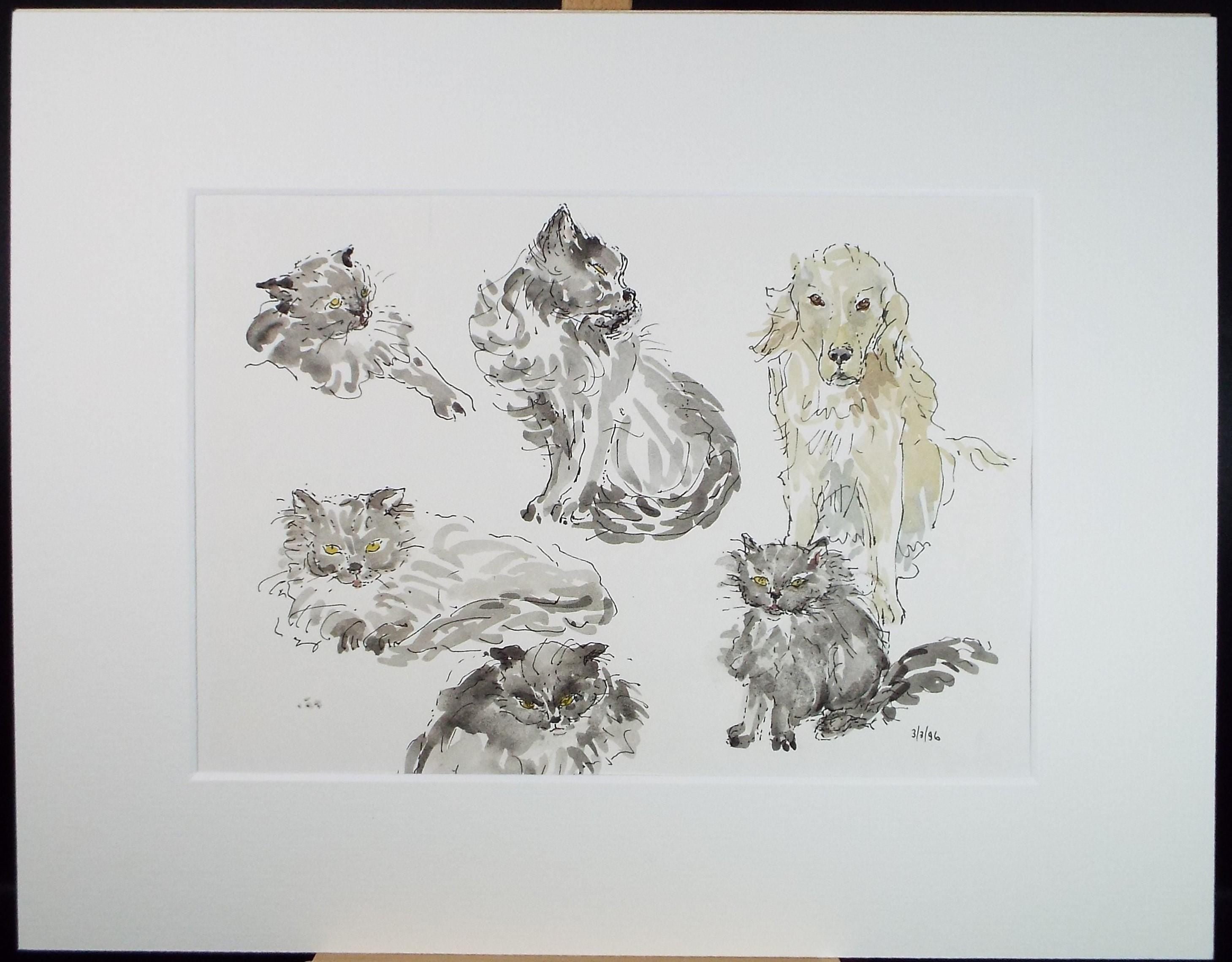 Original watercolour, 'Study of Cat and Retriever', Artist Unknown, Dated 1996.