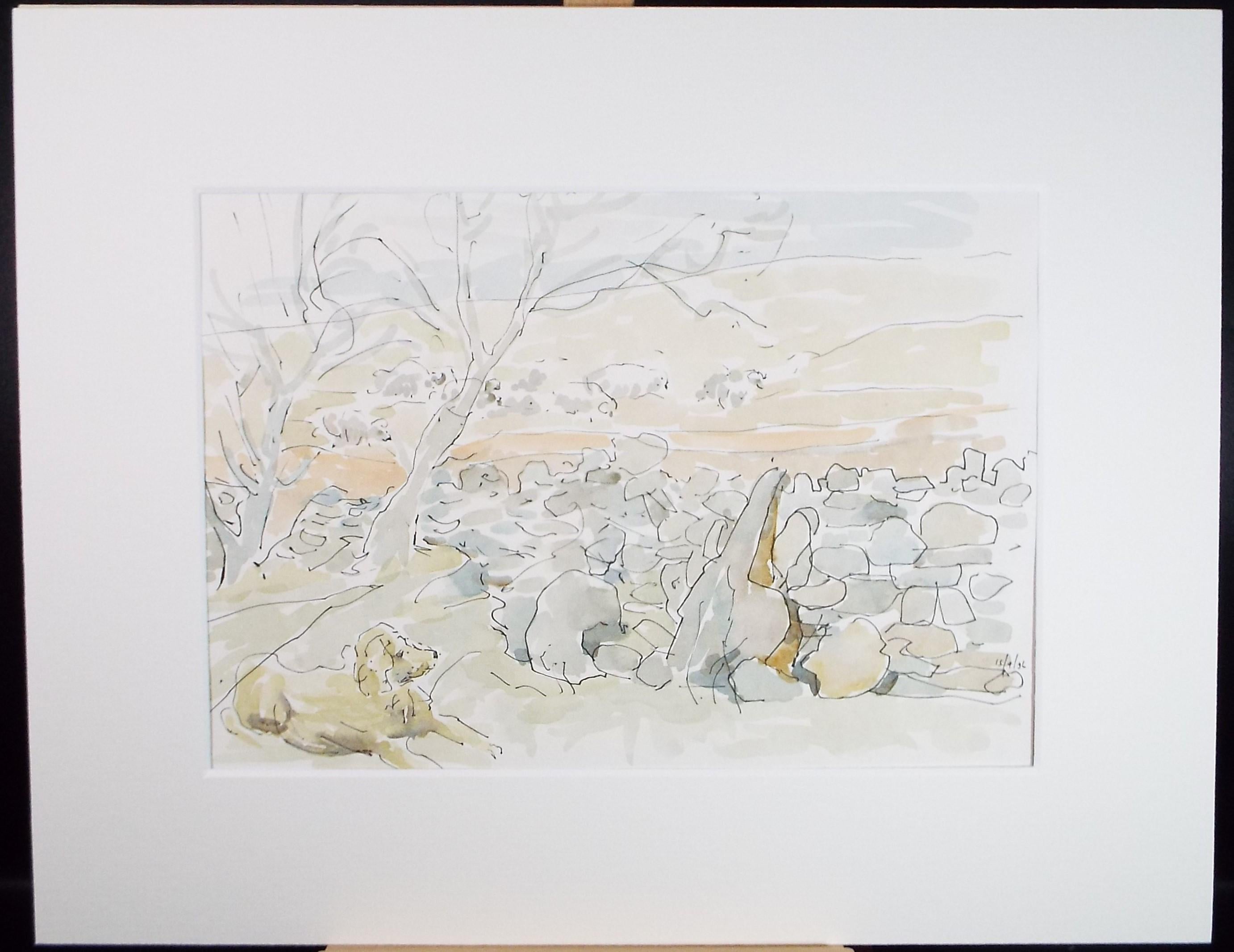 Original watercolour, 'Study of drystone wall and Retriever', Artist Unknown, Dated 1996.