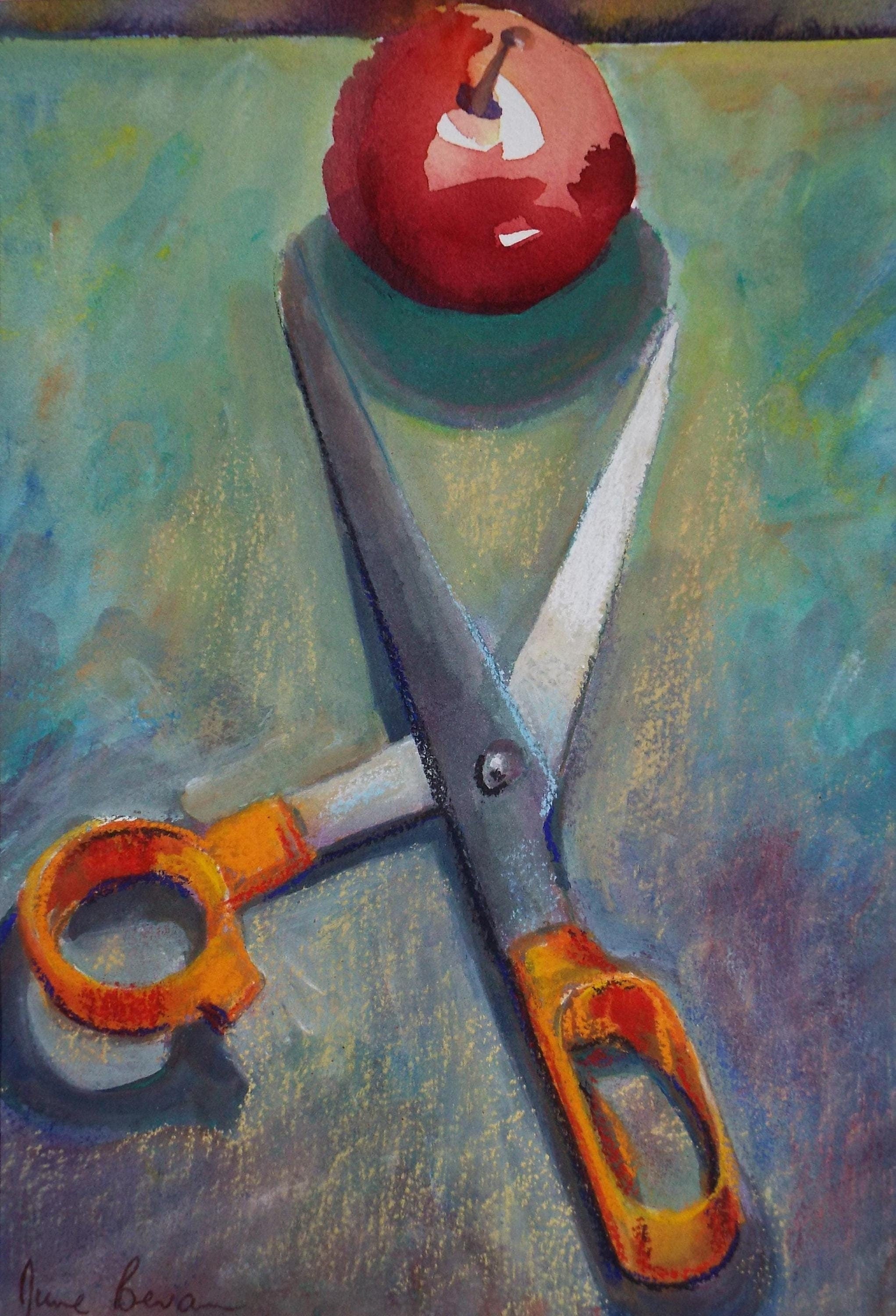 Original Watercolour, 'Menacing Scissors', June Bevan, Dated 1990