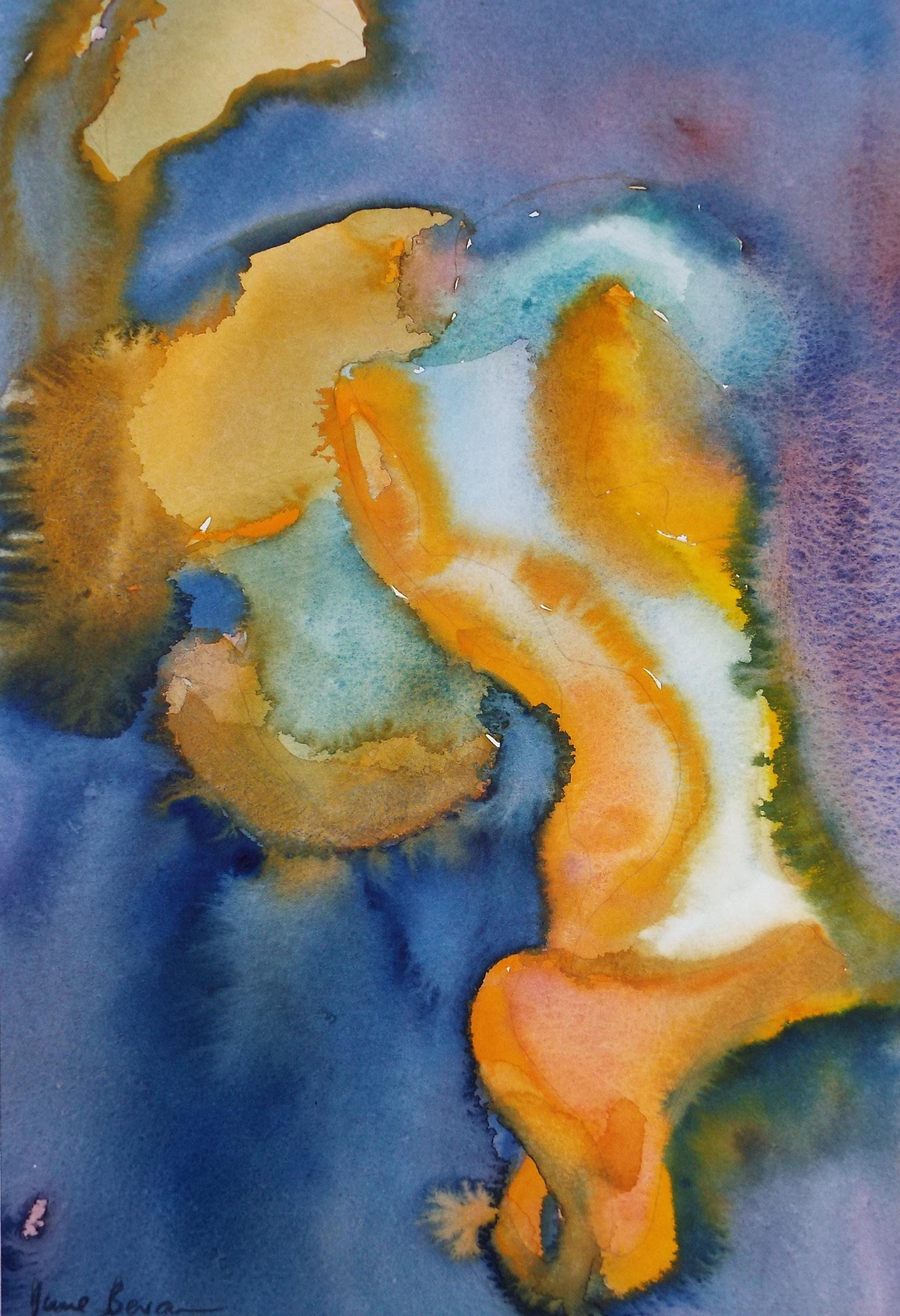 Original Watercolour, 'Abstract in Blue and Orange', June Bevan, Dated 1999