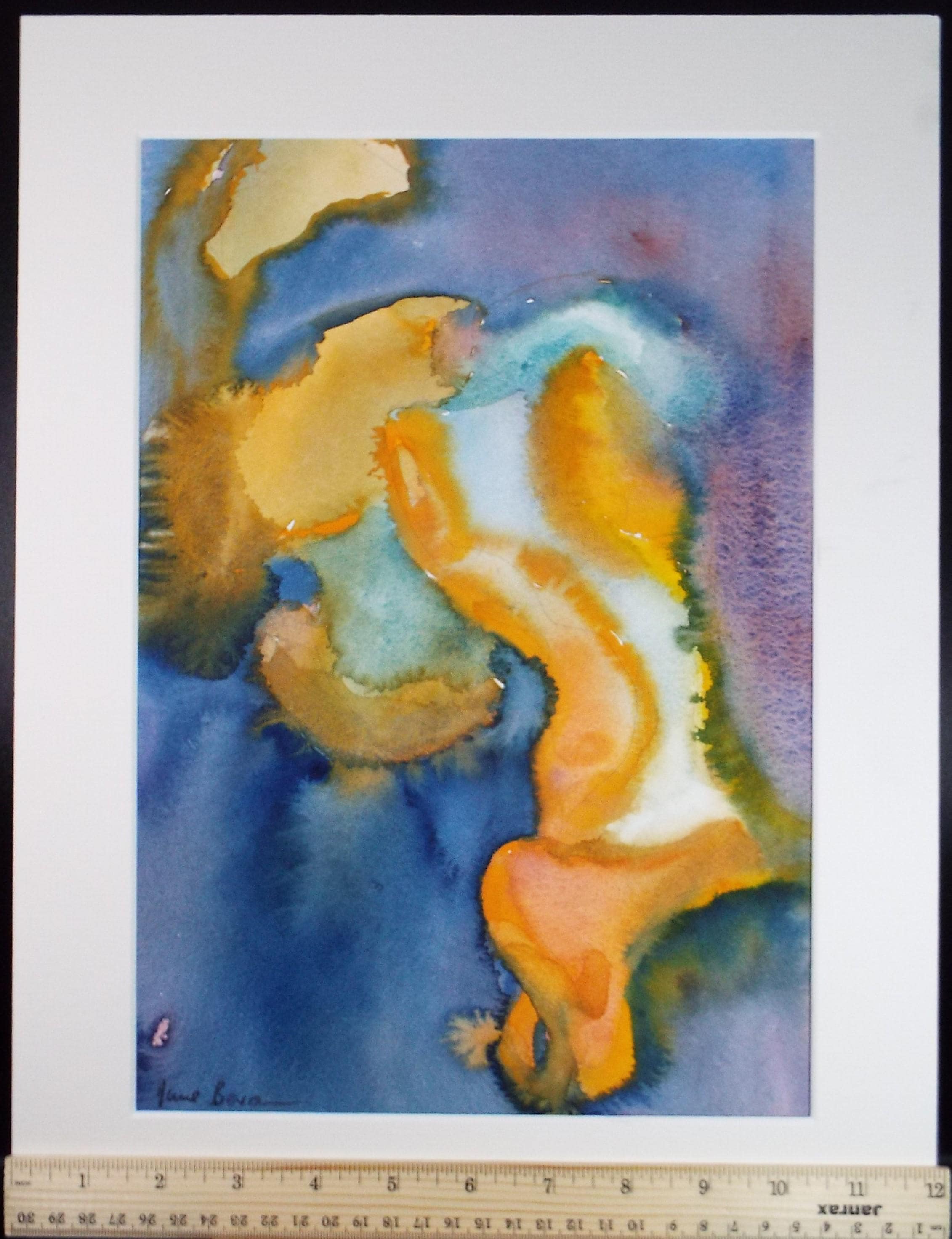 Original Watercolour, 'Abstract in Blue and Orange', June Bevan, Dated 1999
