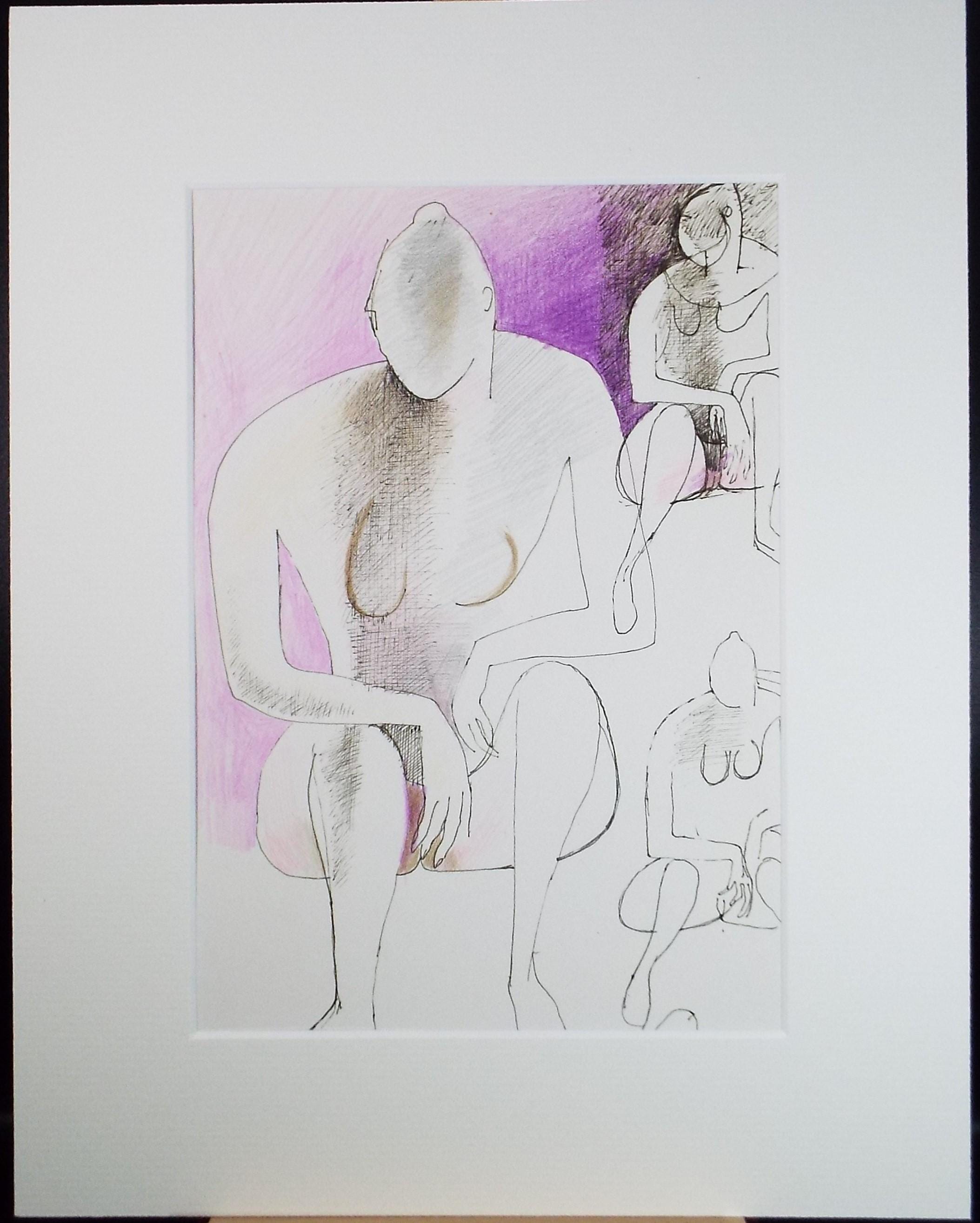 Original Ink & Coloured Pencil, 'Seated Figure', Artist Unknown, circa 1990's