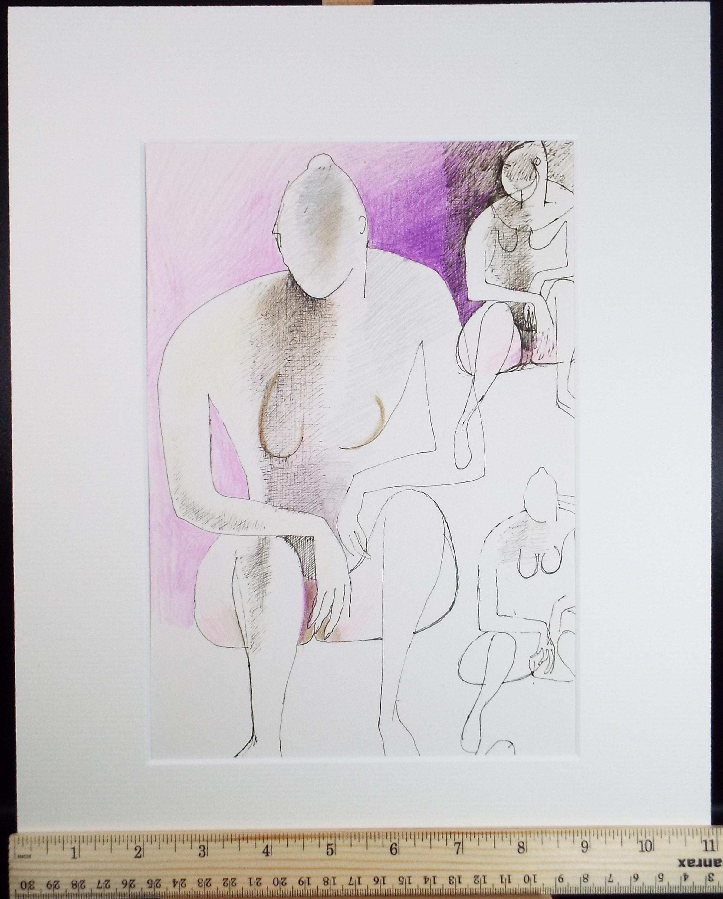 Original Ink & Coloured Pencil, 'Seated Figure', Artist Unknown, circa 1990's