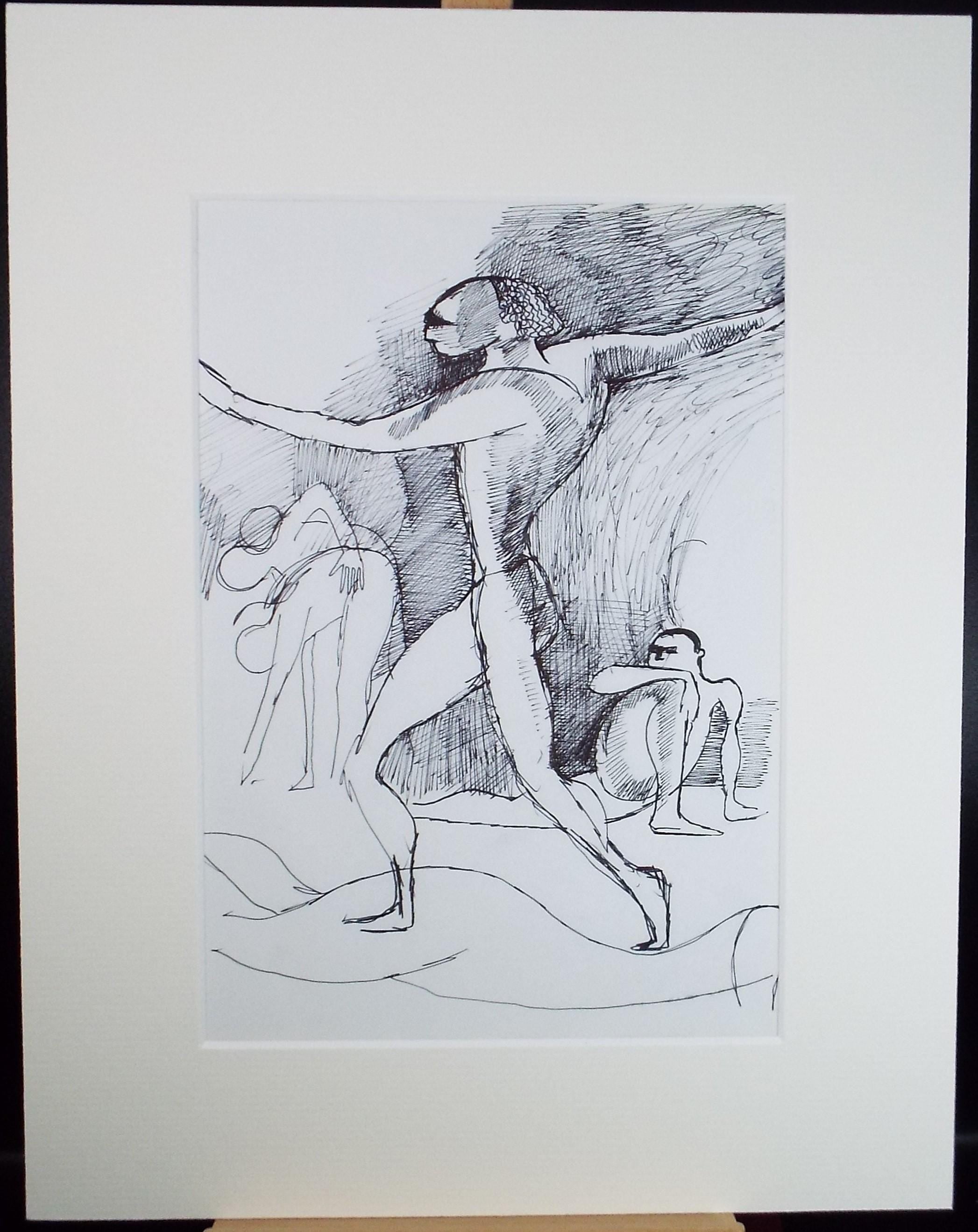 Original Pen & ink Drawing, 'Figures', Artist Unknown, circa 1990's