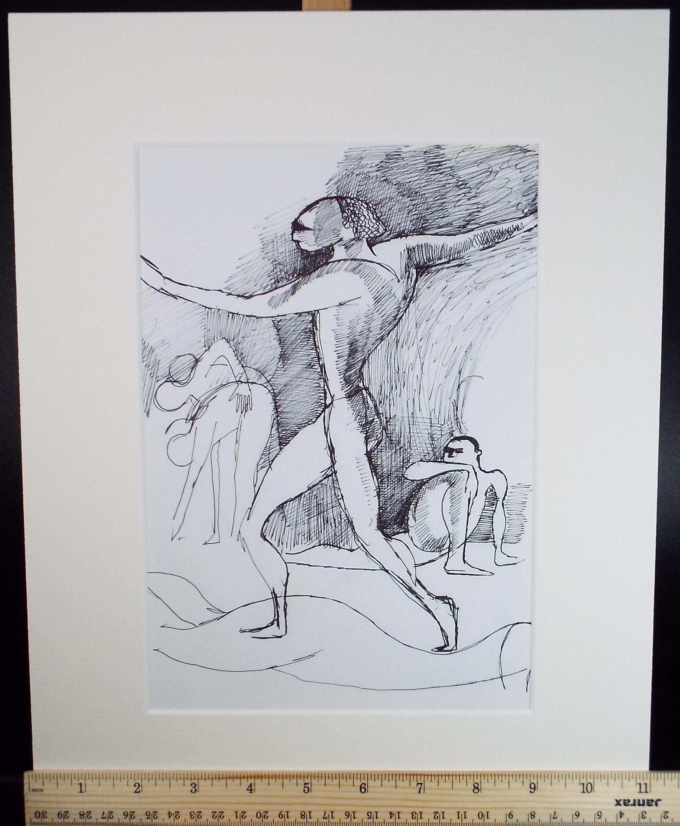 Original Pen & ink Drawing, 'Figures', Artist Unknown, circa 1990's