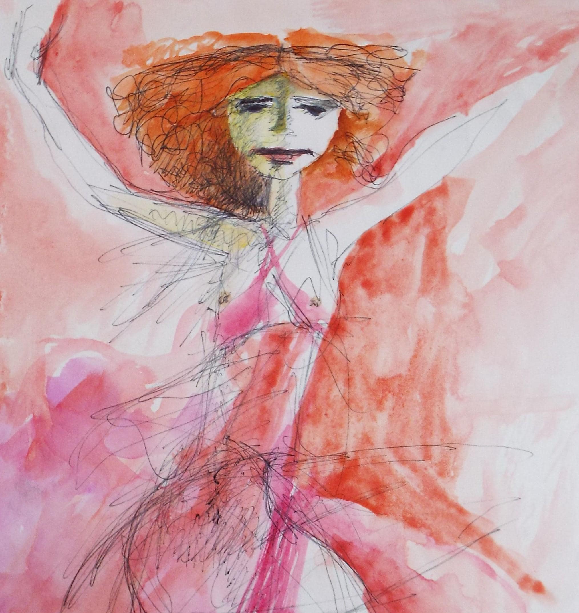 Original Watercolour, 'Woman in Red', Artist Unknown, circa 1990's