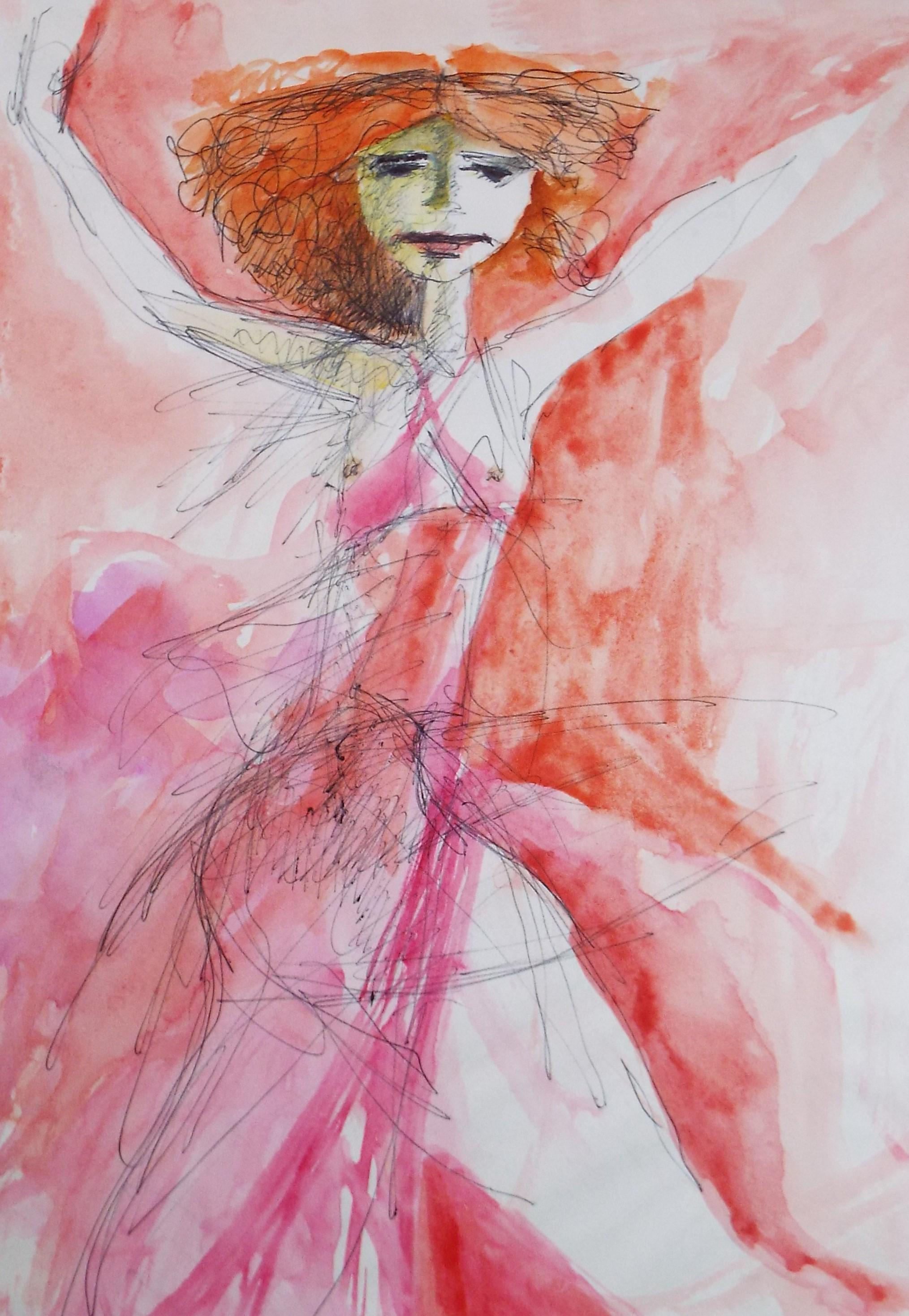 Original Watercolour, 'Woman in Red', Artist Unknown, circa 1990's
