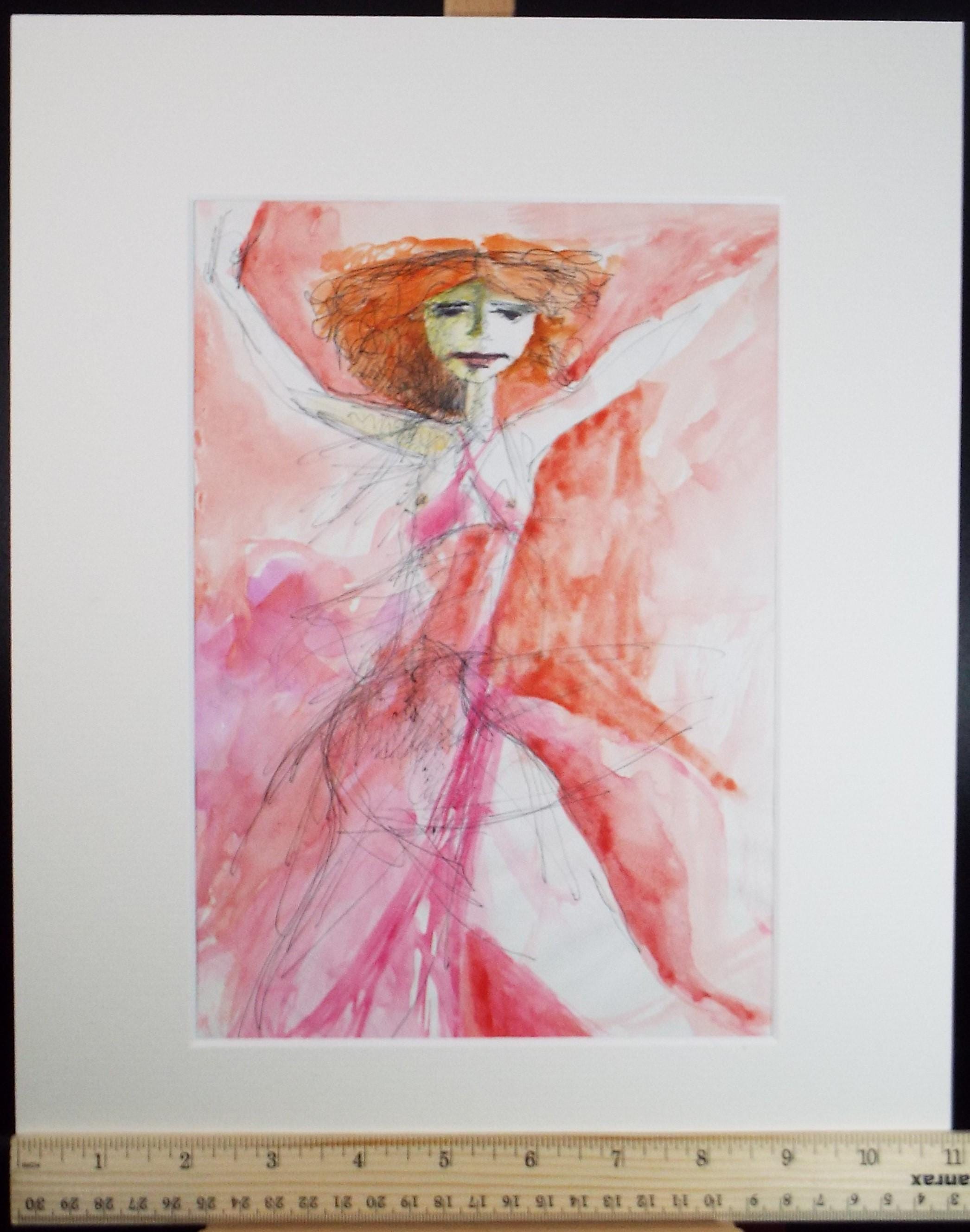 Original Watercolour, 'Woman in Red', Artist Unknown, circa 1990's