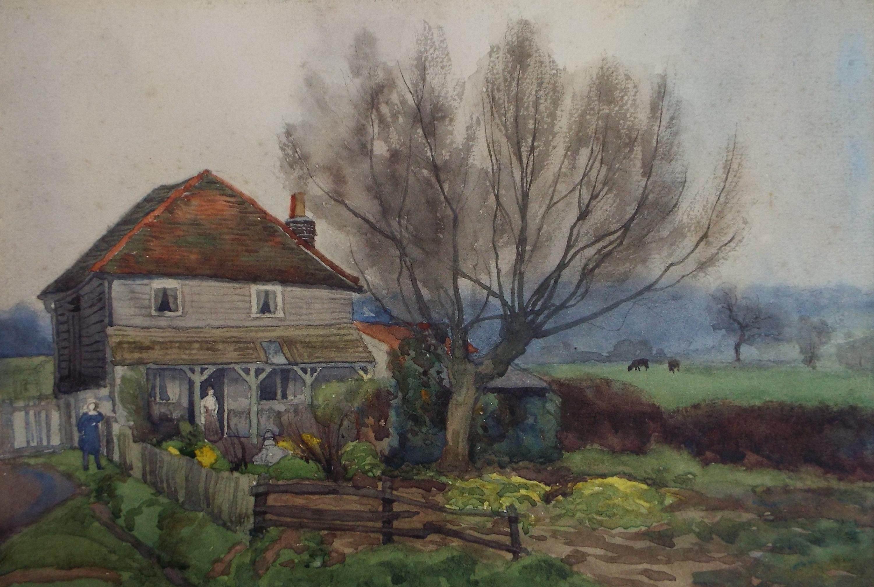 Original Watercolour 'Farmhouse with vegetable Patch', circa 1930's, unknown artist