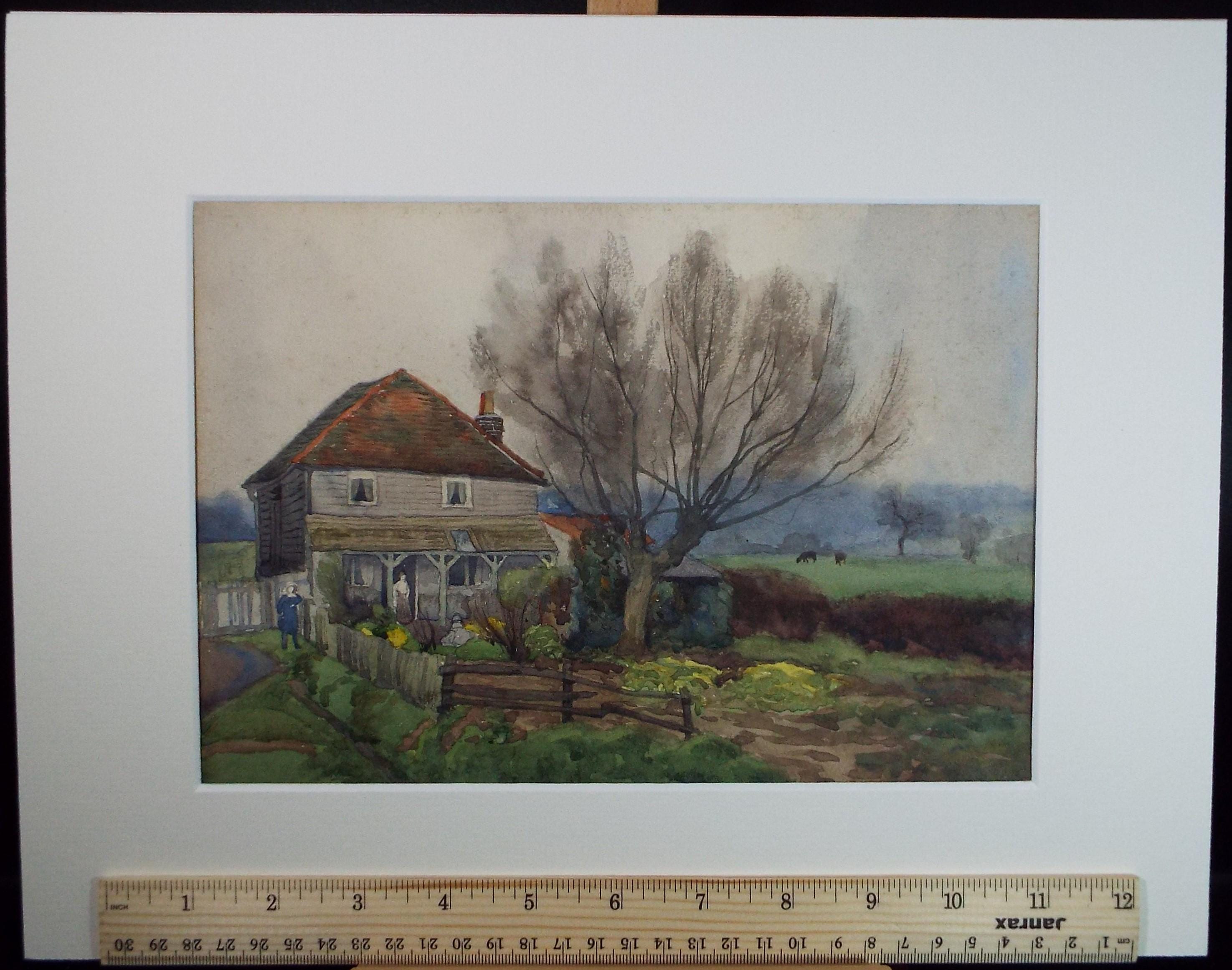 Original Watercolour 'Farmhouse with vegetable Patch', circa 1930's, unknown artist