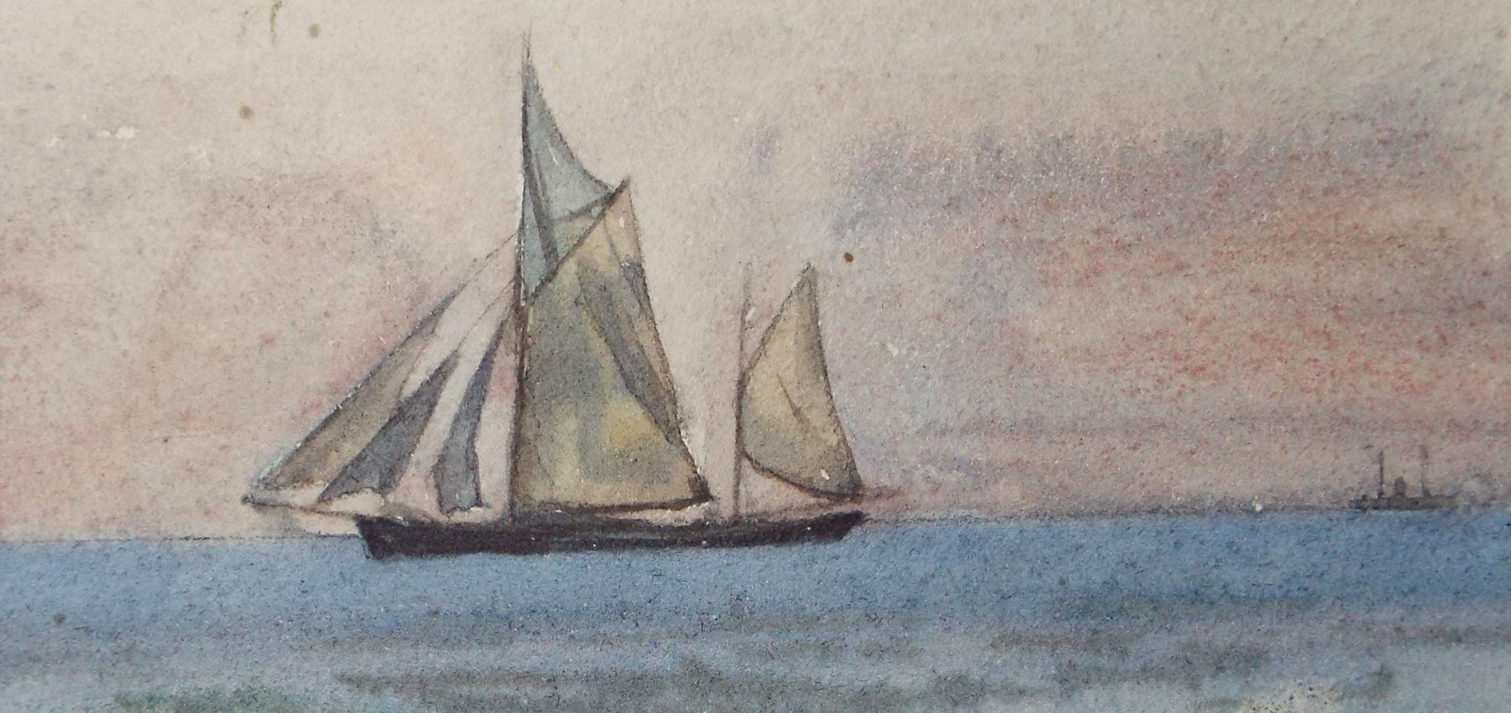Original Watercolour, 'Ketch off the Coast', Late 19th Century, Unknown artist