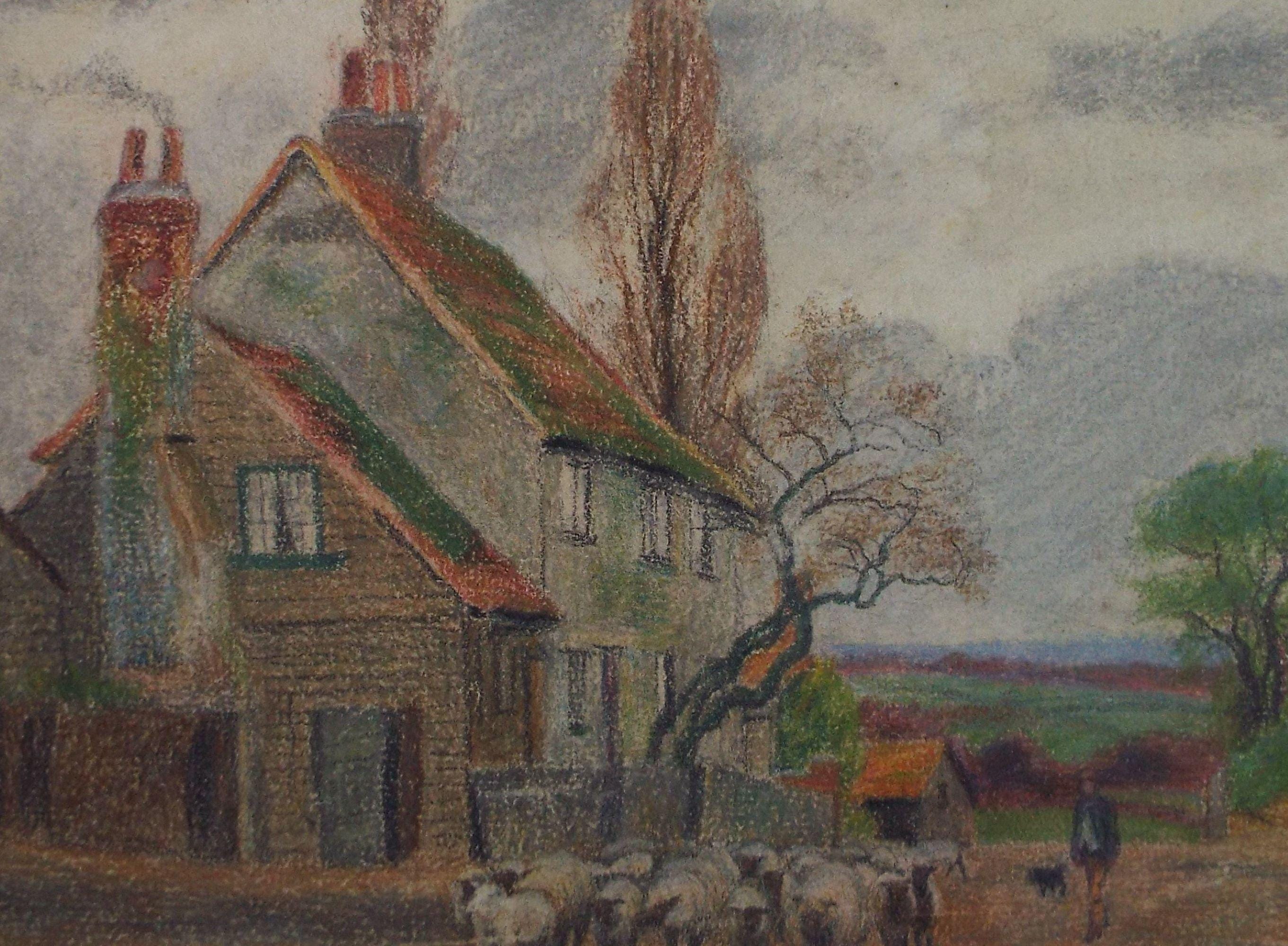 Original Pastel drawing, 'Farmhouse with Sheep', circa 1920's, J Baxter