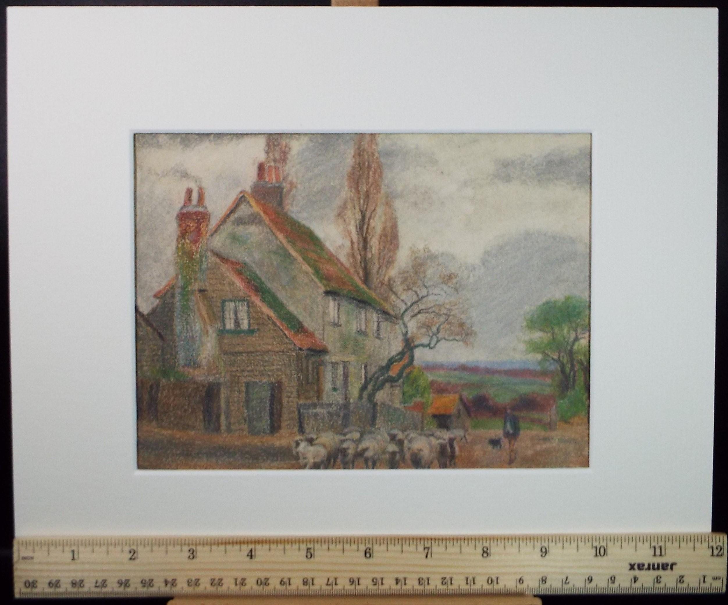 Original Pastel drawing, 'Farmhouse with Sheep', circa 1920's, J Baxter