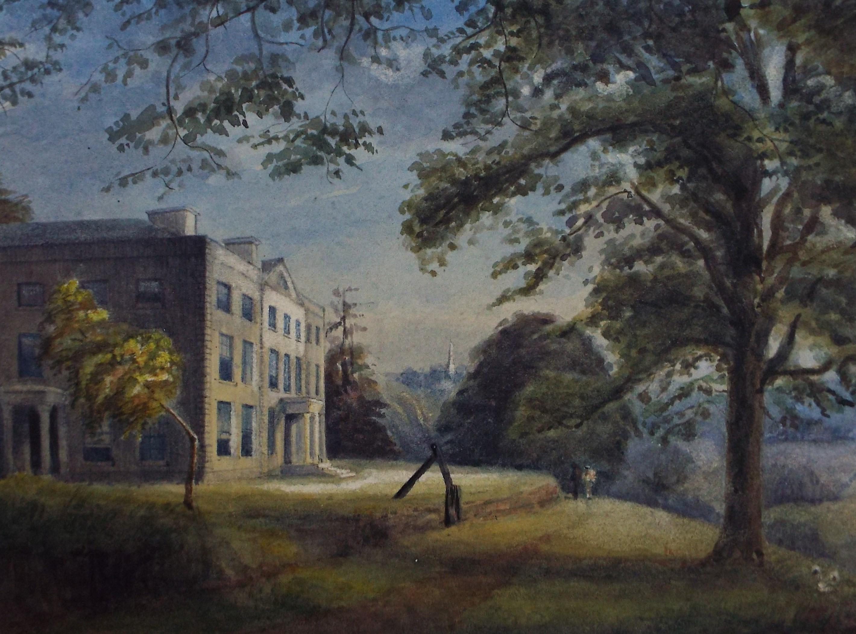 Original Watercolour,' Country House with Figures', Late 19th Century, Artist Unknown