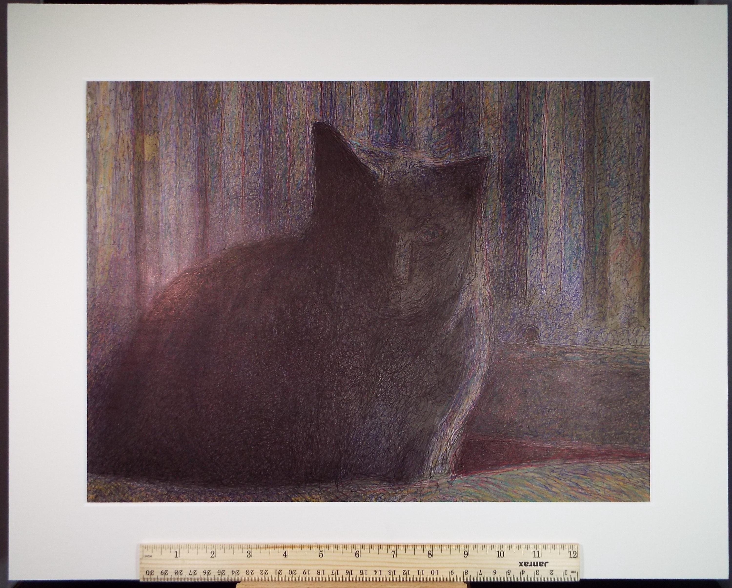 Original Coloured Pencil & Ballpoint pen, 'Black Cat, Unknown Artist, Circa 1980's