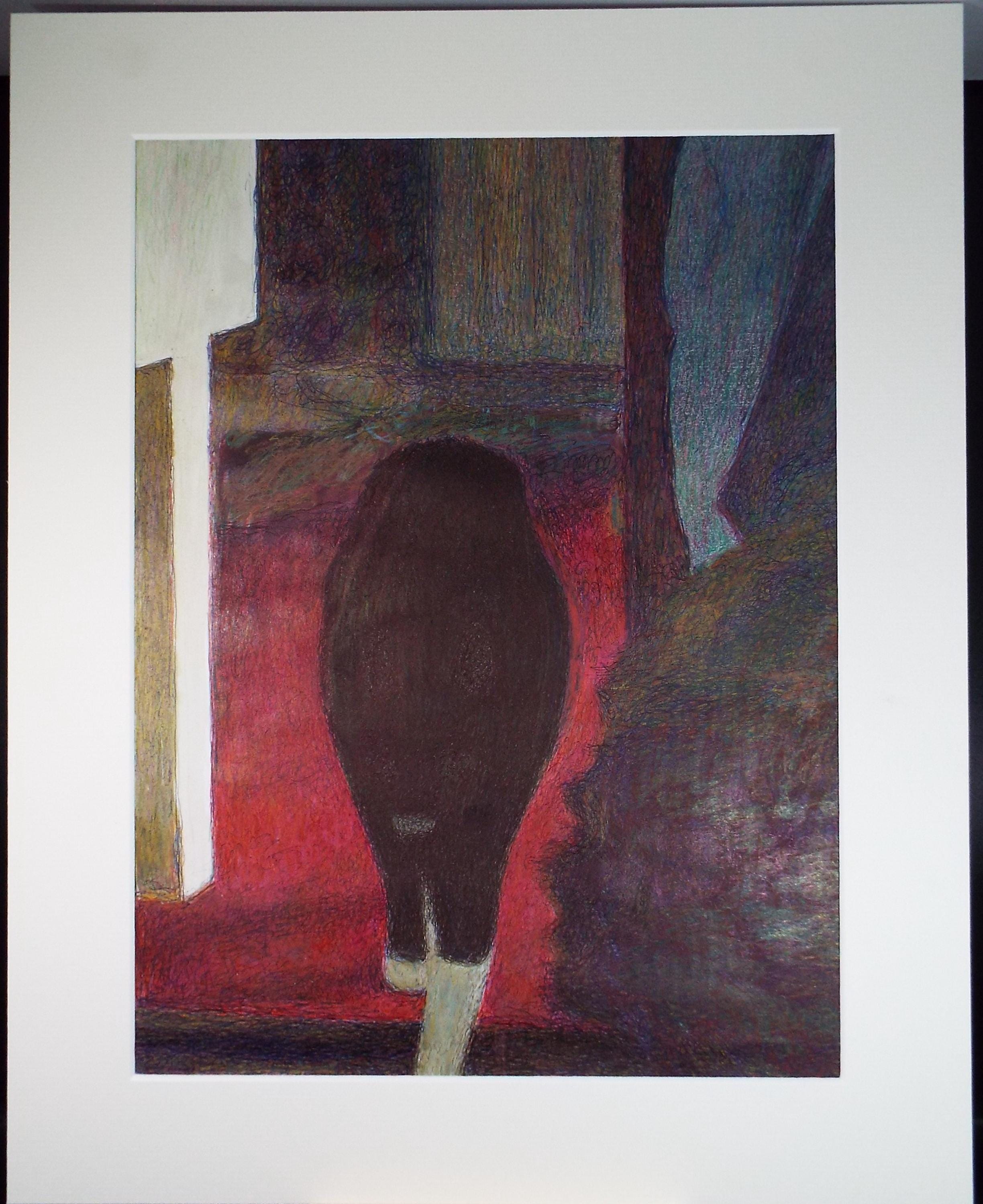 Original Coloured Pencil & Ballpoint pen, 'Black Cat, Unknown Artist, Circa 1980's