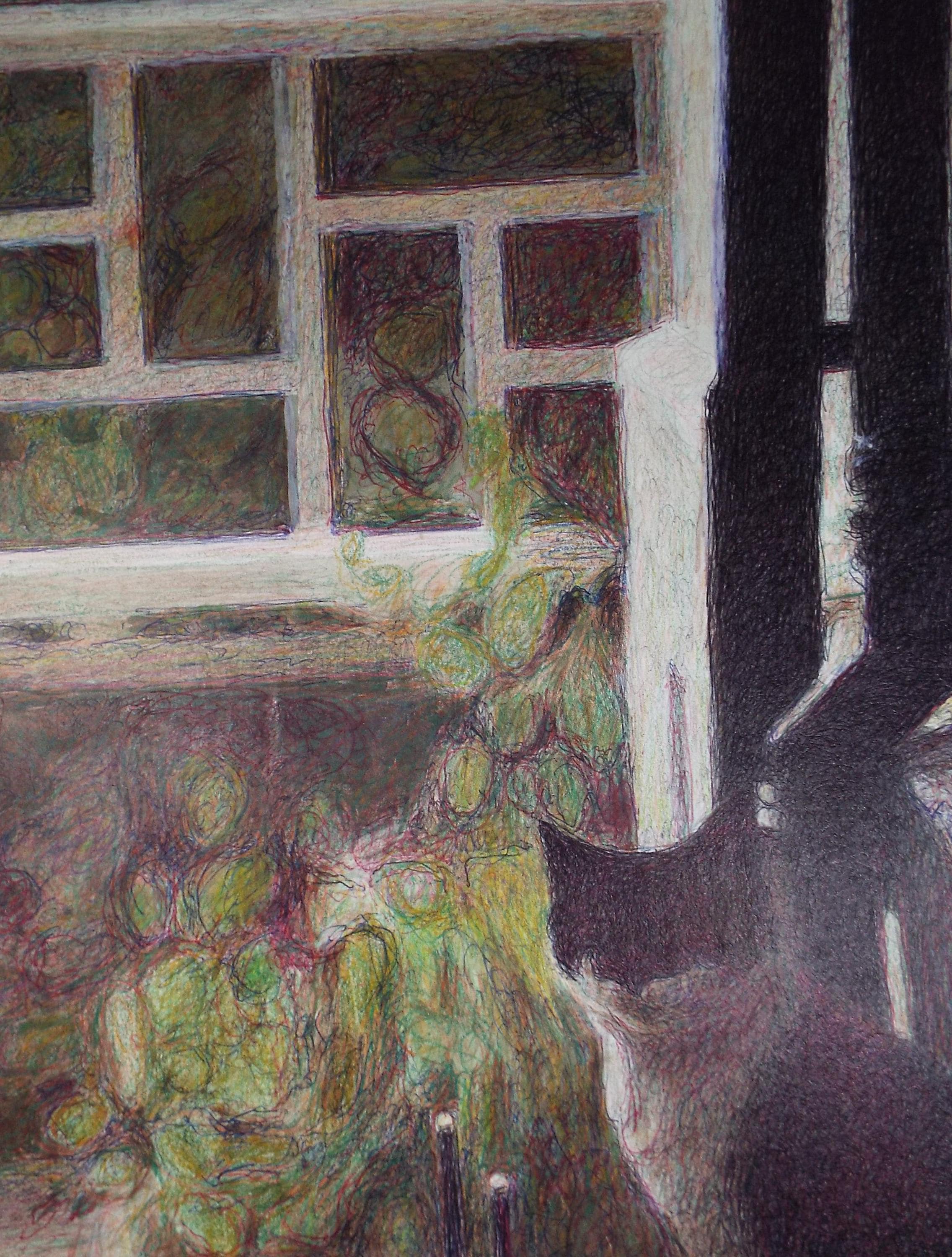 Original Watercolour & Ballpoint pen, 'Cat at the Window', Unknown Artist, Circa 1980's