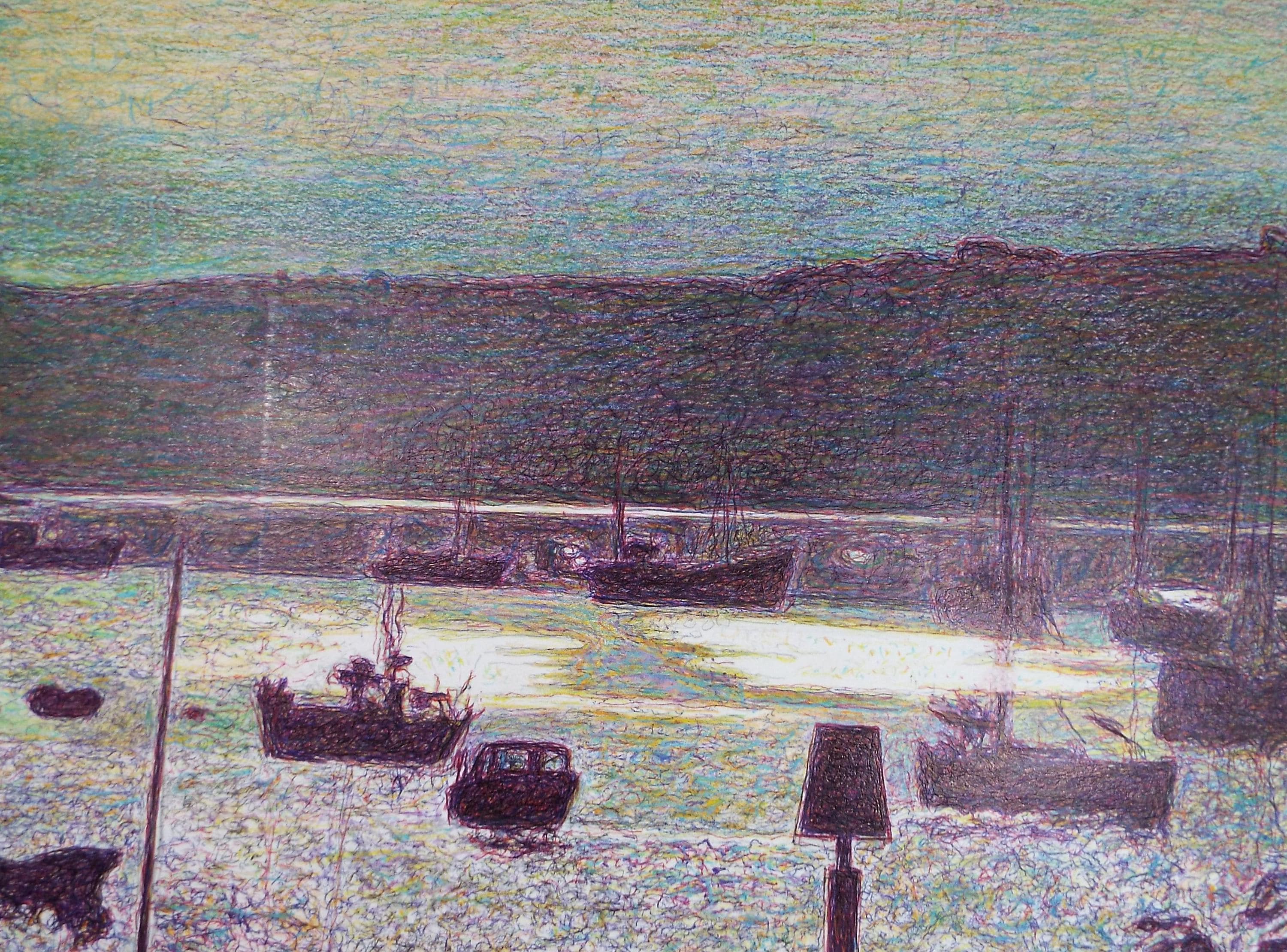 Original Coloured Pencil & Ballpoint pen, 'Boats in the Harbour', Unknown Artist, Circa 1980's