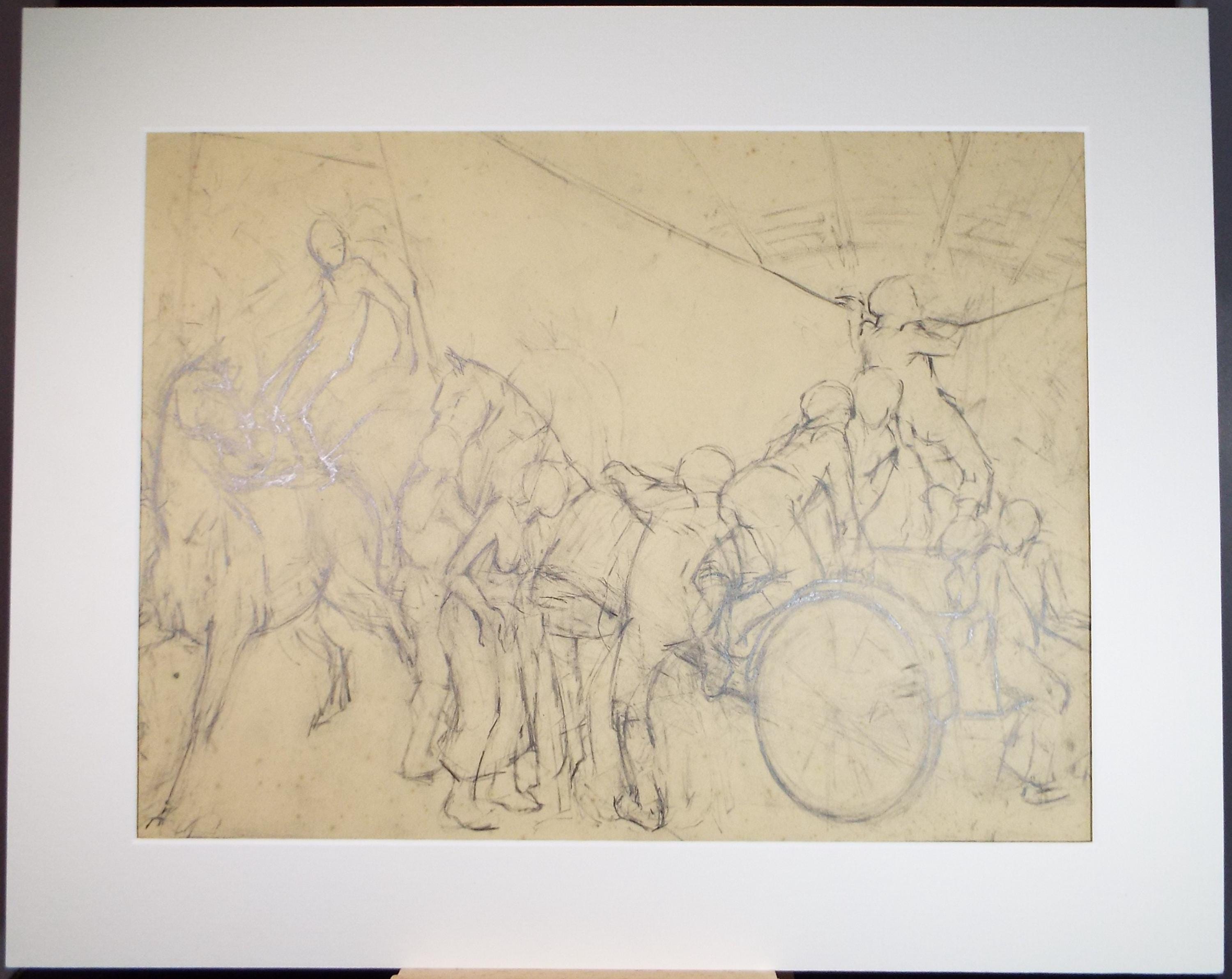Original Pencil Drawing,'Figures on a Cart', Edmund Caswell (1938-1996), circa 1980's