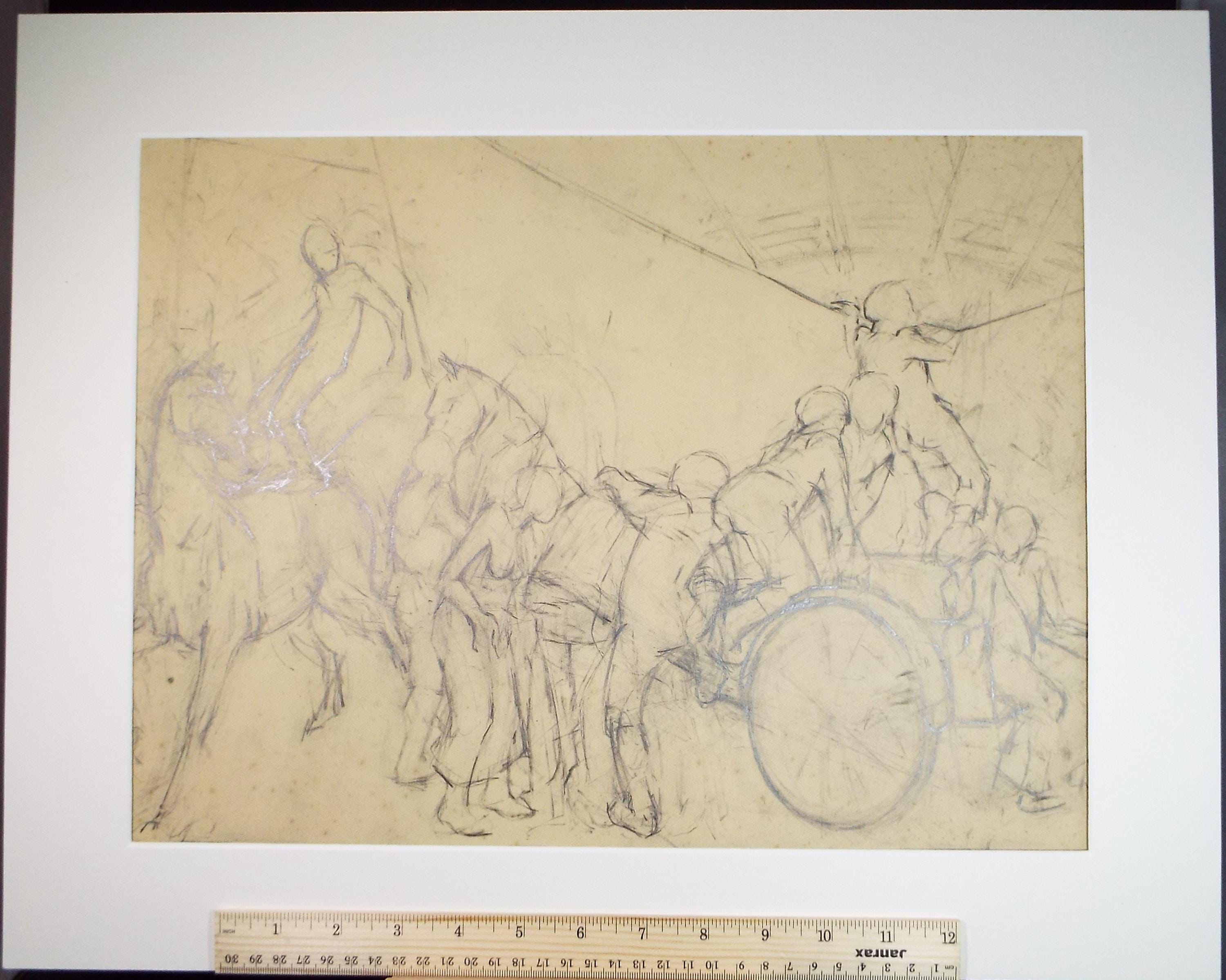 Original Pencil Drawing,'Figures on a Cart', Edmund Caswell (1938-1996), circa 1980's
