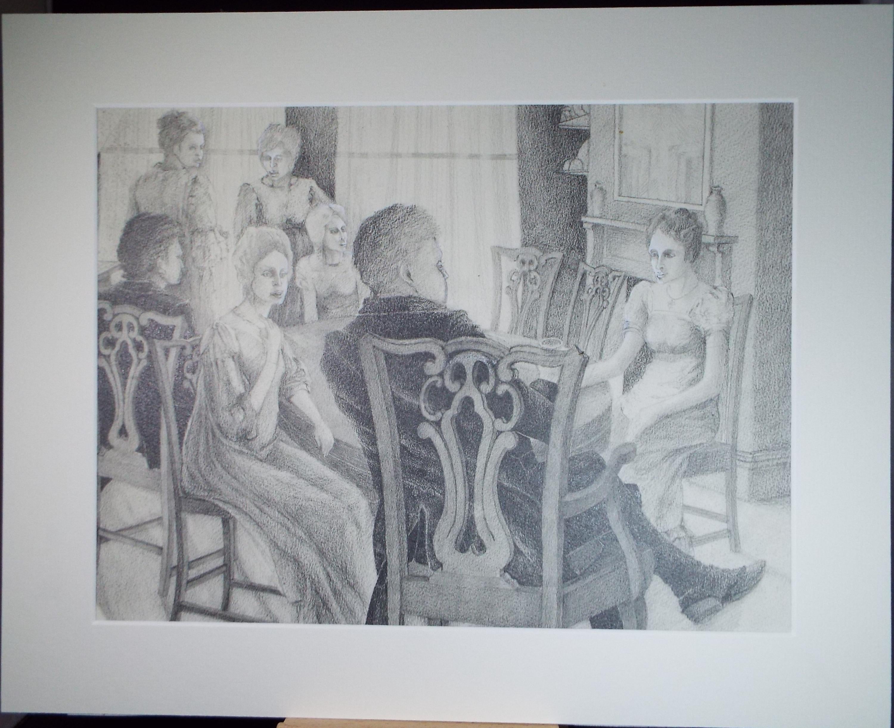 Original Pencil Drawing heightened with white,'Figures in the Dining Room', Edmund Caswell (1938-1996), circa 1980's