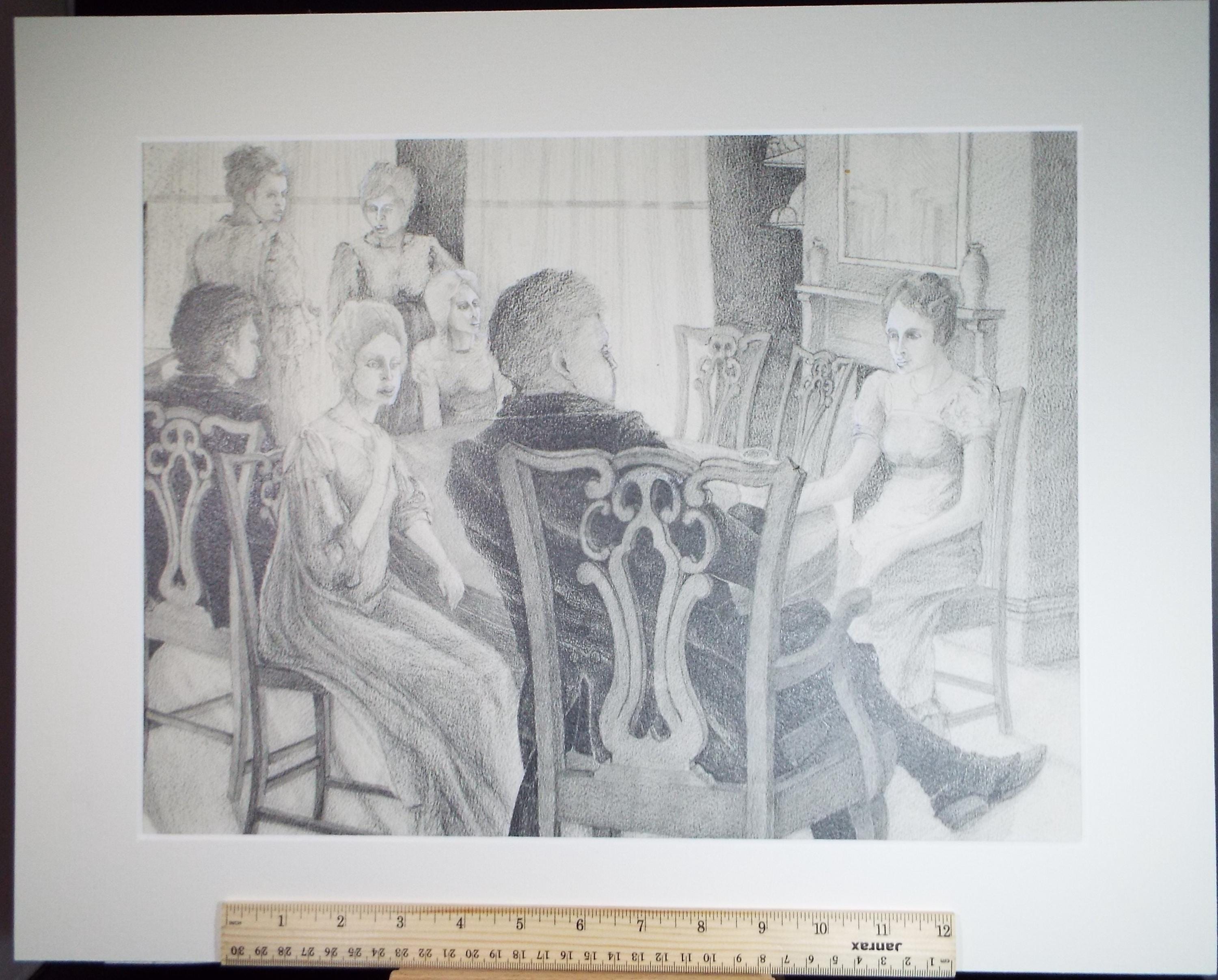 Original Pencil Drawing heightened with white,'Figures in the Dining Room', Edmund Caswell (1938-1996), circa 1980's