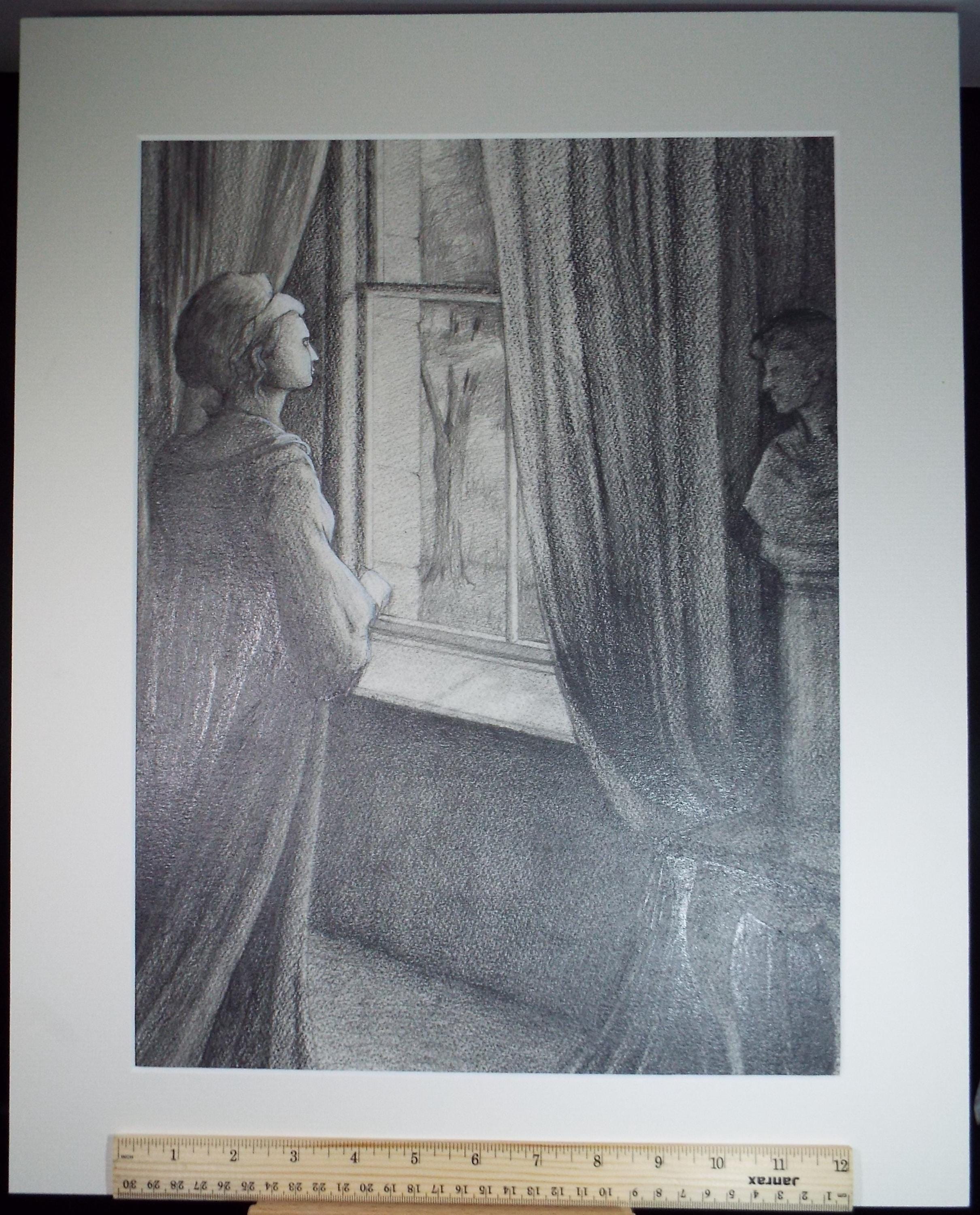 Original Pencil Drawing heightened with white,'Figure by the Window', Edmund Caswell (1938-1996), circa 1980's