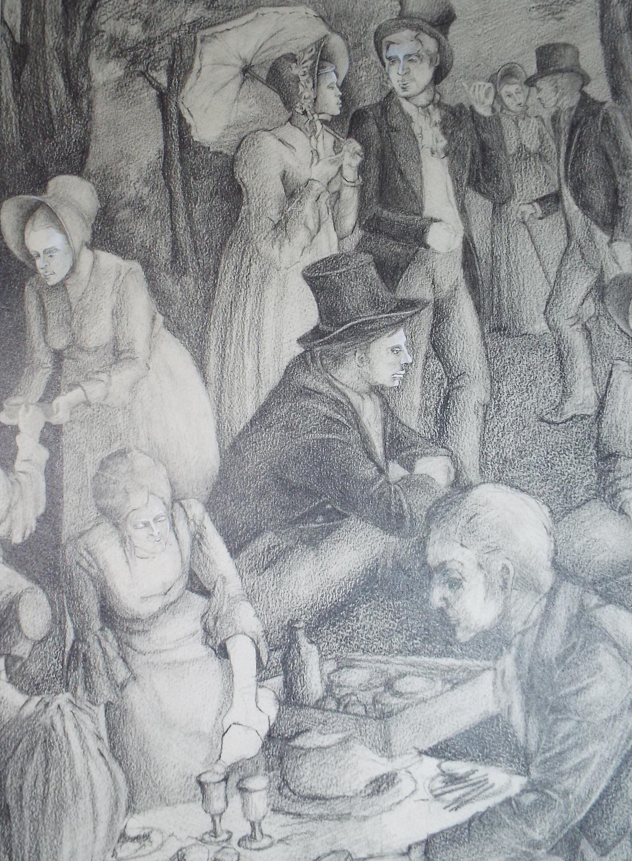 Original Pencil Drawing heightened with white,'Figures in the Park', Edmund Caswell (1938-1996), circa 1980's