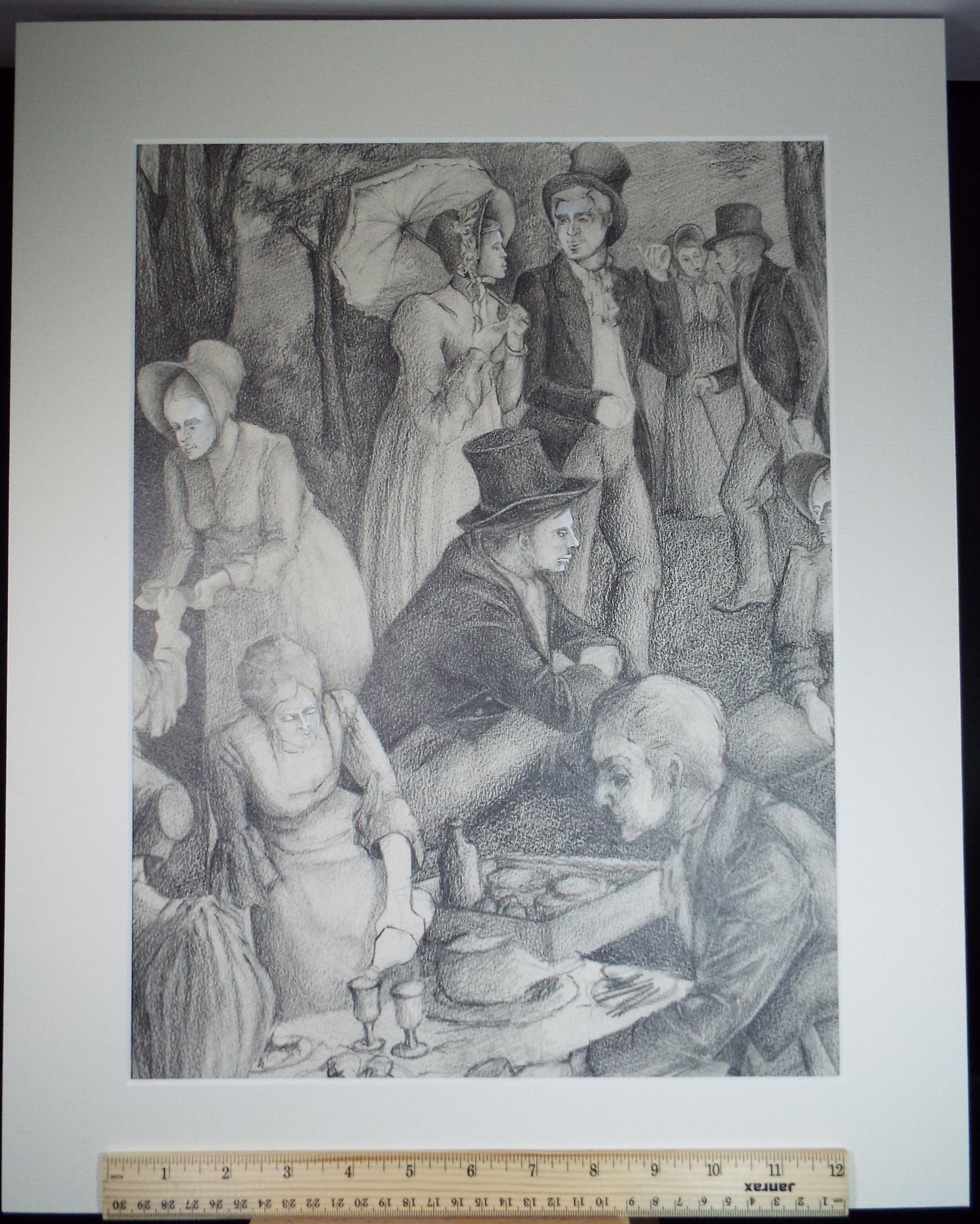 Original Pencil Drawing heightened with white,'Figures in the Park', Edmund Caswell (1938-1996), circa 1980's