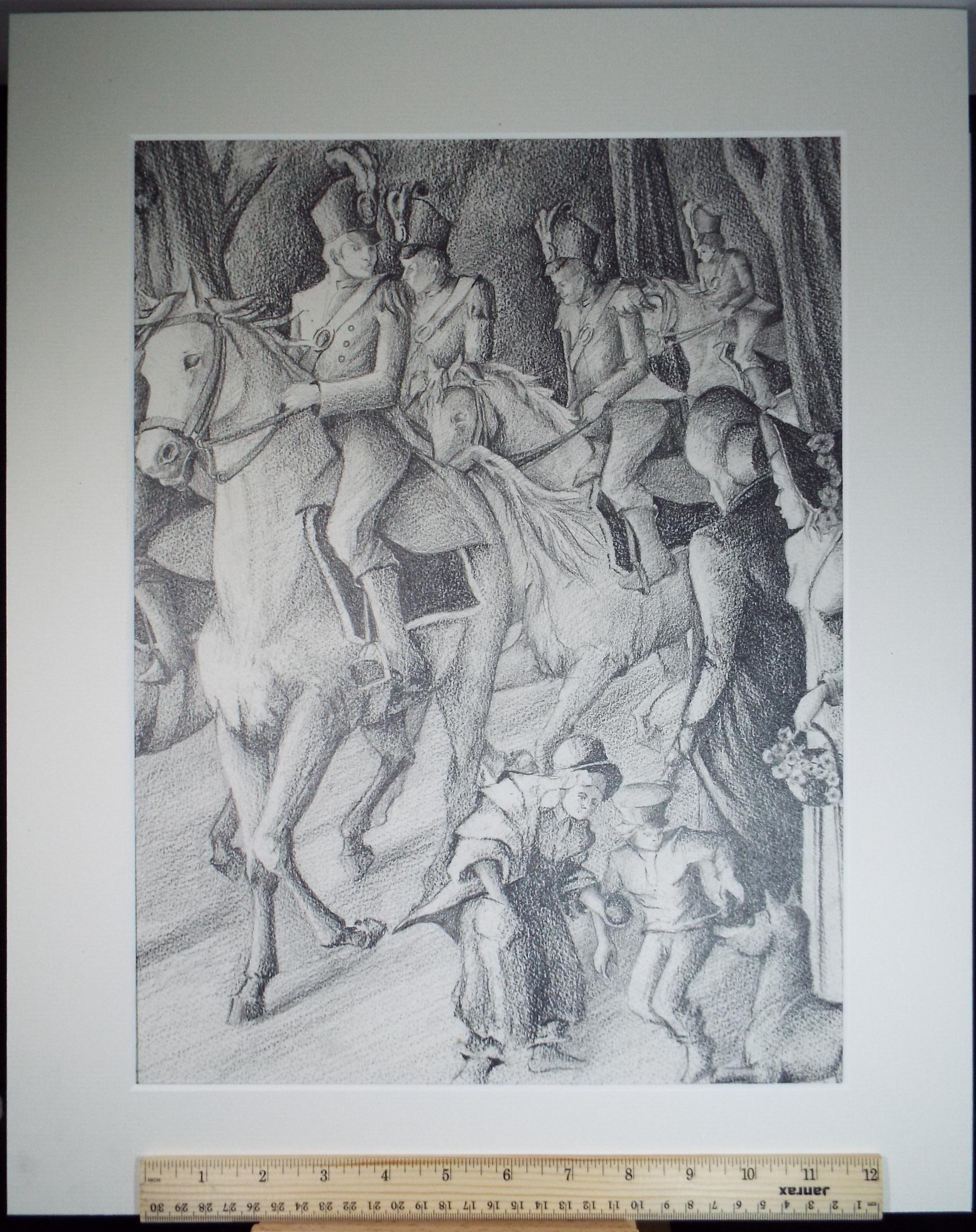 Original Pencil Drawing,'Soldiers on Horseback', Edmund Caswell (1938-1996), circa 1980's