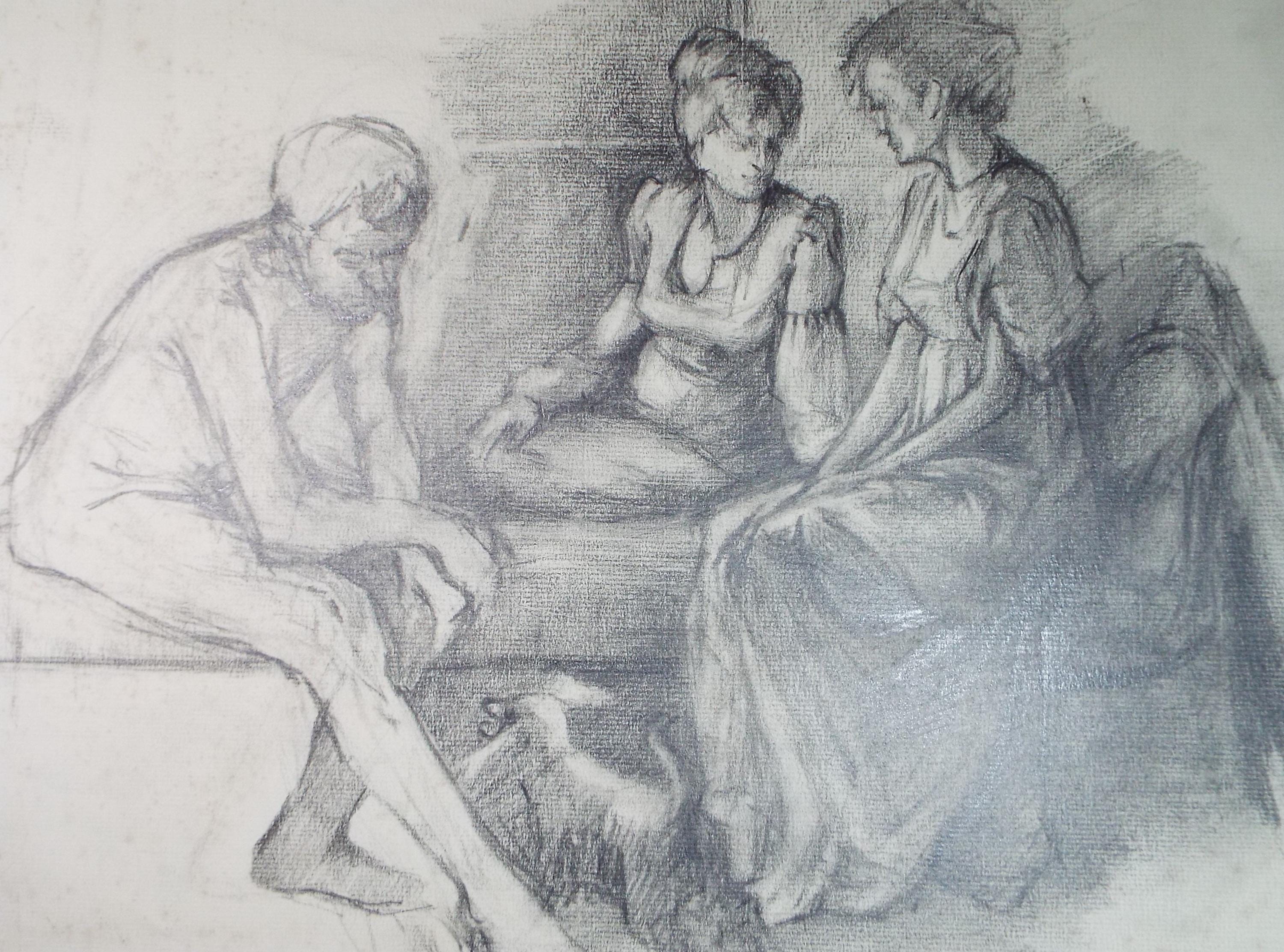 Original Pencil Drawing,'Figures on the Settee', Edmund Caswell (1938-1996), circa 1980's
